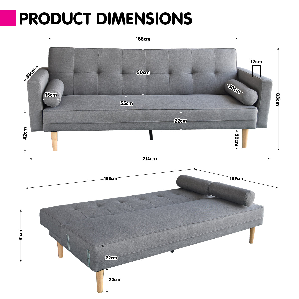 Sarantino Madison Sofa Bed Lounge Couch Futon Furniture Home Light Grey Linen Suite V240-SOFA-6101-LNN-LGR