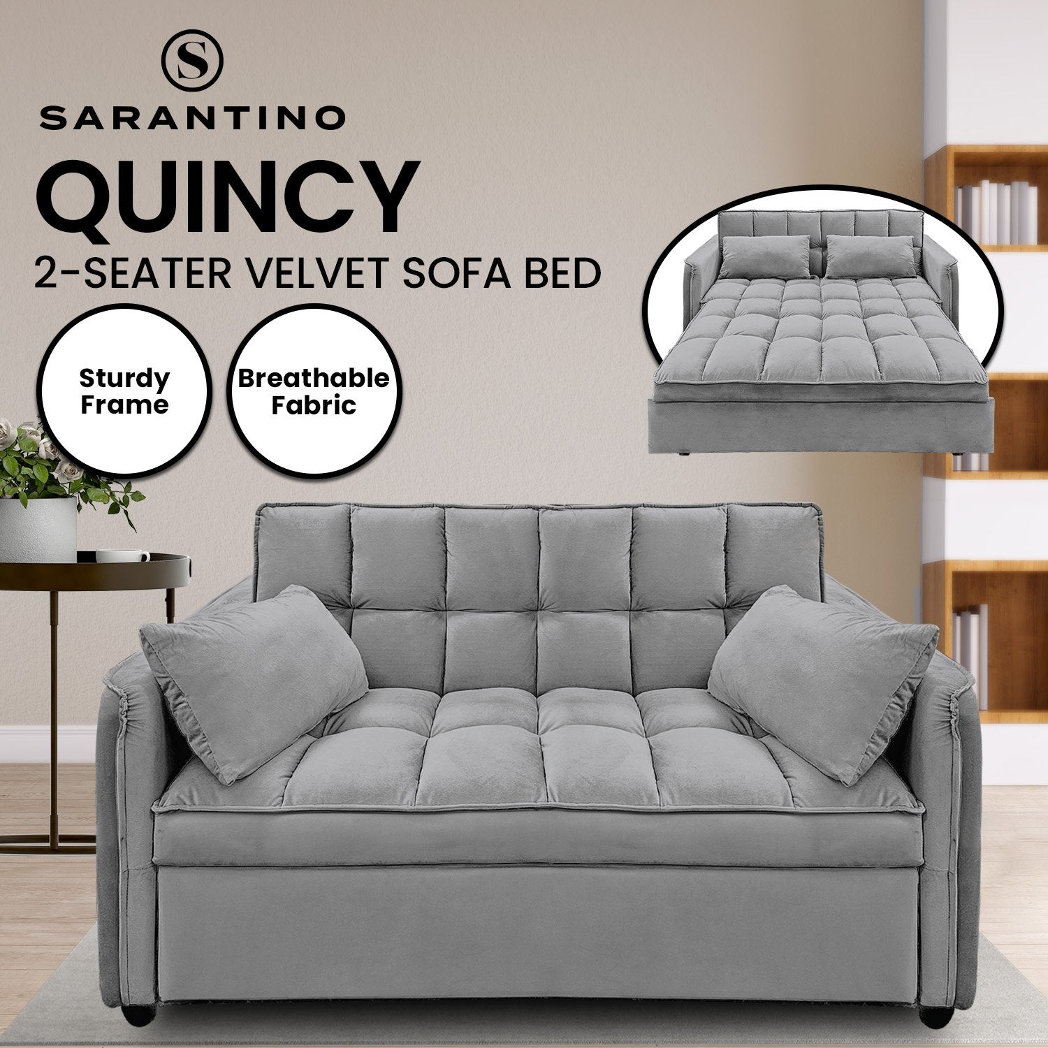Sarantino Quincy 2-Seater Velvet Sofa Bed in Dark Grey with Wooden Frame and Tufted Design V240-SOFA-7006-VEL-DGY