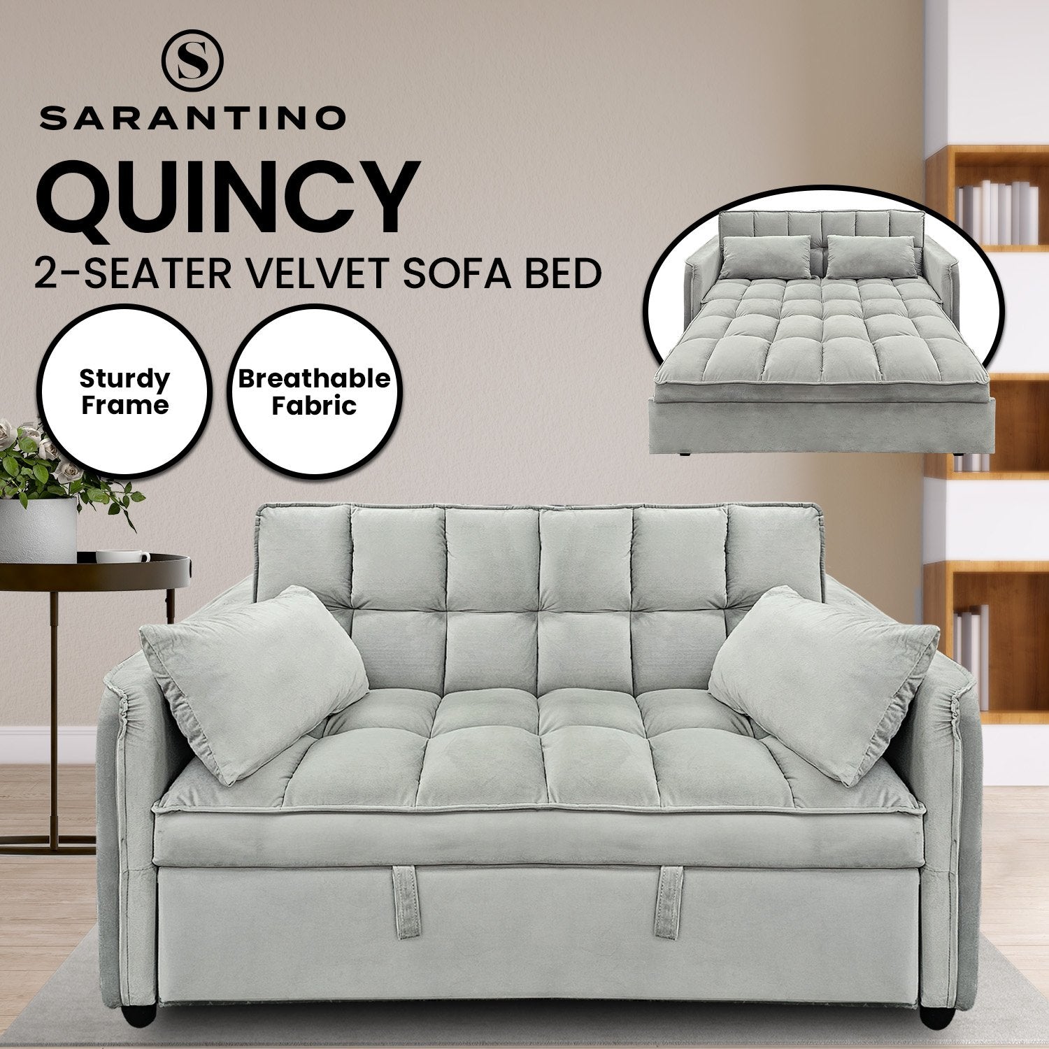 Sarantino Quincy 2-Seater Velvet Sofa Bed in Light Grey with Wooden Frame and Tufted Design V240-SOFA-7006-VEL-LGY