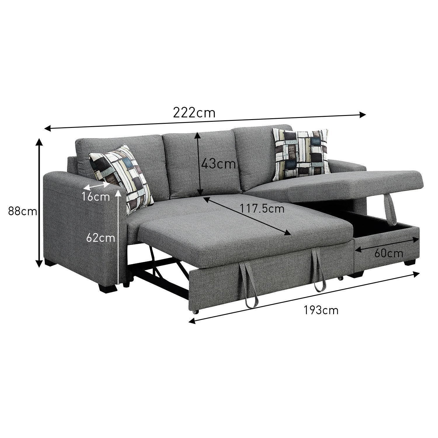 Sarantino Fontana Pullout Sofa Bed with Storage Chaise Lounge - Grey V240-SOFA-M084-LNN-GY