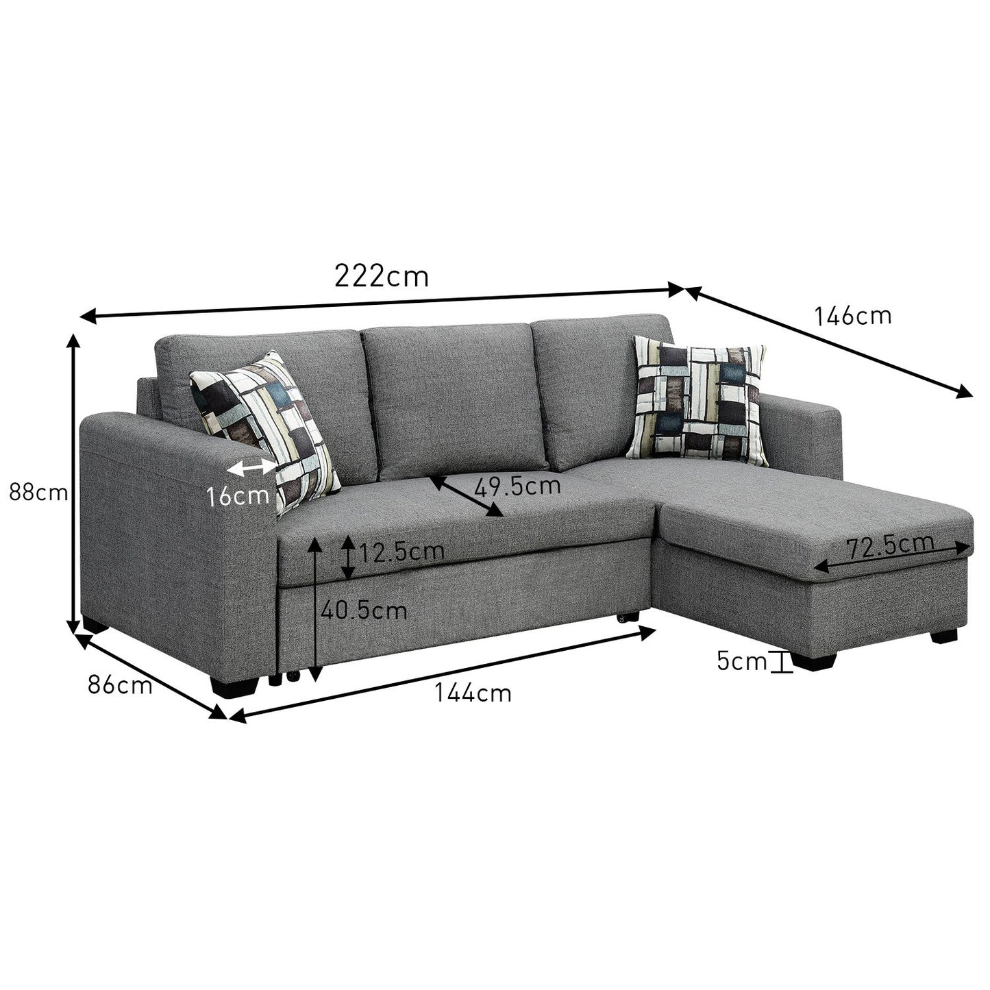 Sarantino Fontana Pullout Sofa Bed with Storage Chaise Lounge - Grey V240-SOFA-M084-LNN-GY