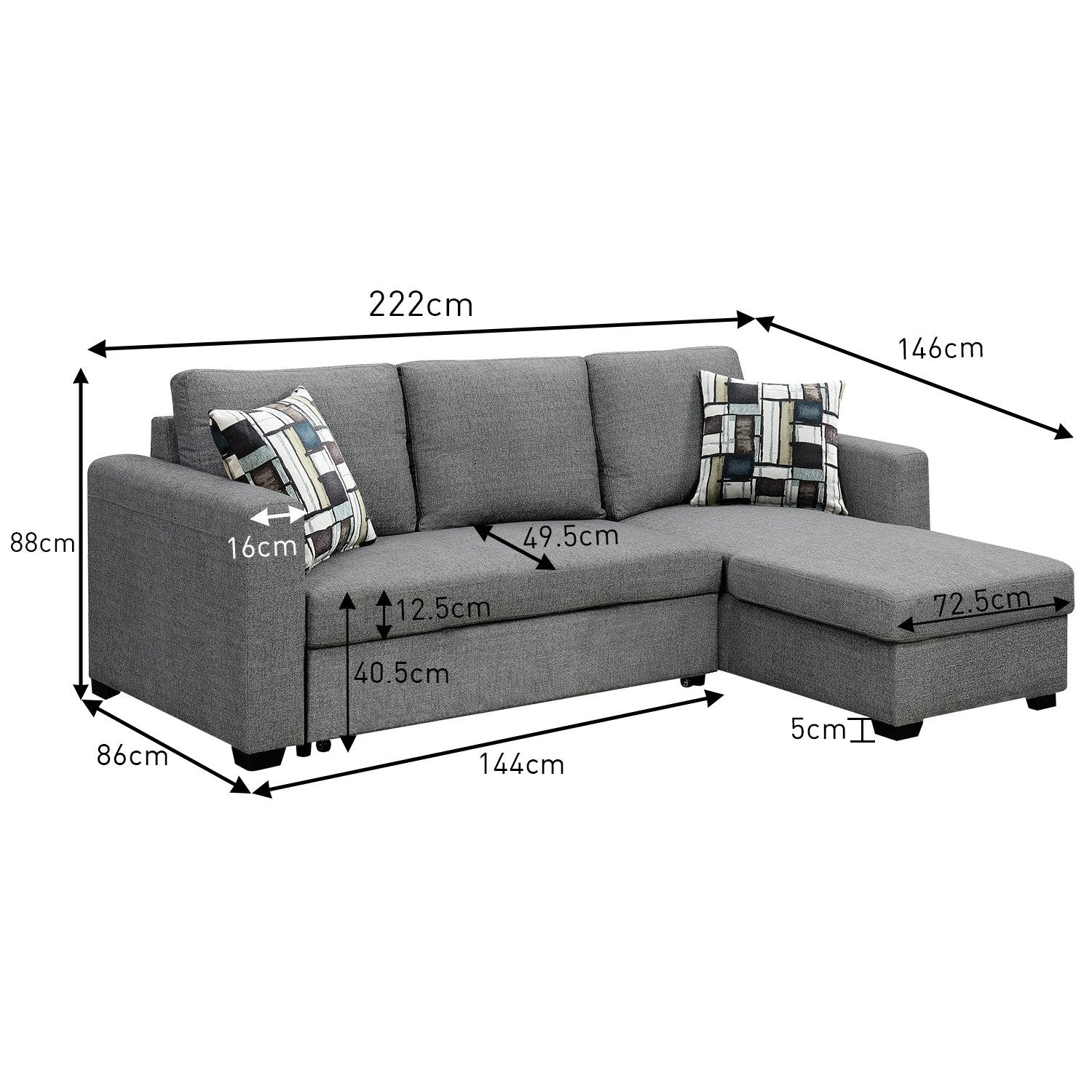 Sarantino Fontana Pullout Sofa Bed with Storage Chaise Lounge - Grey V240-SOFA-M084-LNN-GY