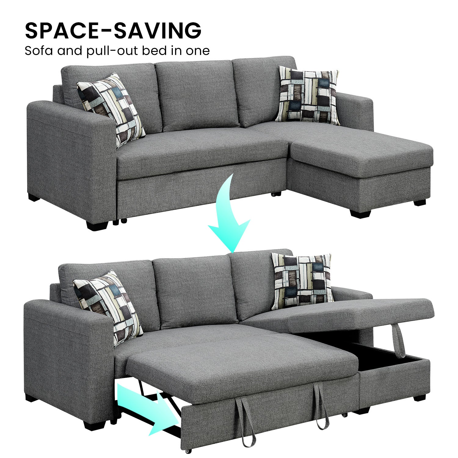 Sarantino Fontana Pullout Sofa Bed with Storage Chaise Lounge - Grey V240-SOFA-M084-LNN-GY