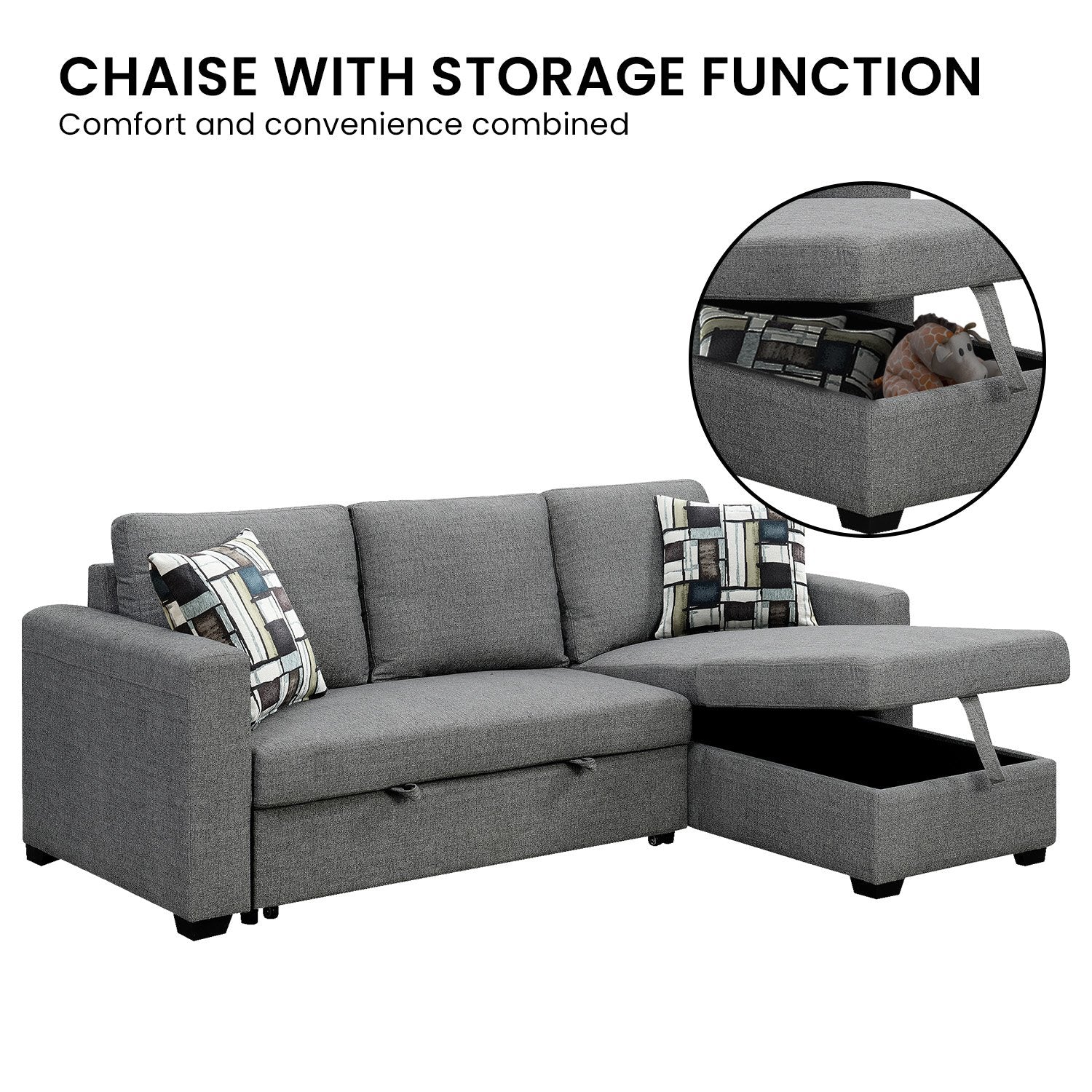 Sarantino Fontana Pullout Sofa Bed with Storage Chaise Lounge - Grey V240-SOFA-M084-LNN-GY