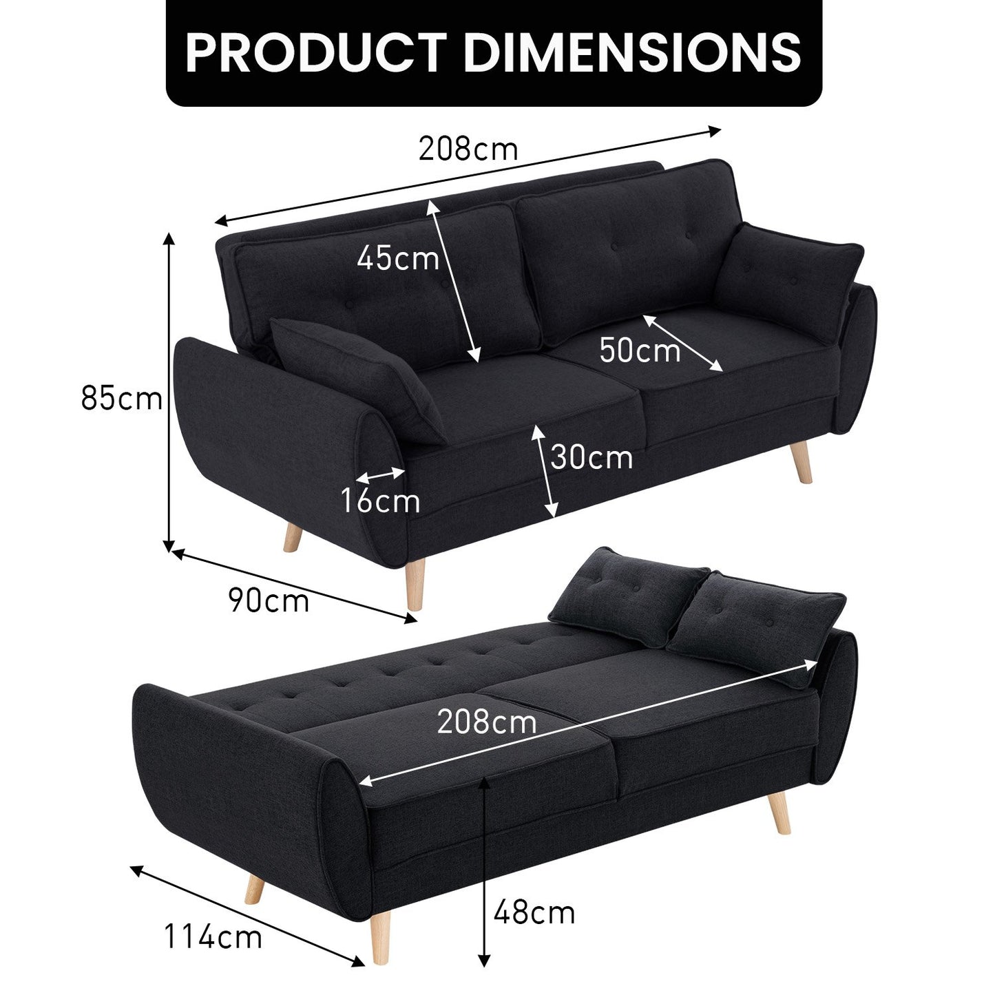 Sarantino 3 Seater Modular Linen Fabric Sofa Bed Couch Futon Suite - Black V240-SOFA-M1910-LNN-BK