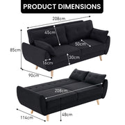 Sarantino 3 Seater Modular Linen Fabric Sofa Bed Couch Futon Suite - Black V240-SOFA-M1910-LNN-BK