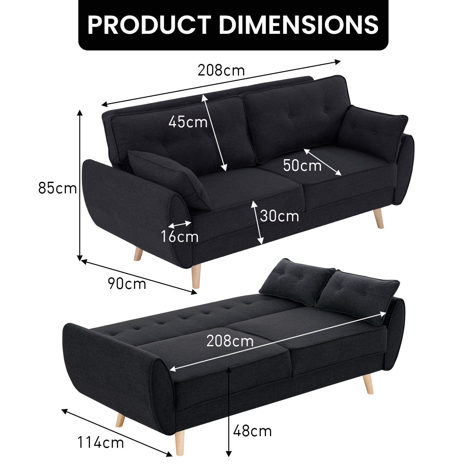 Sarantino 3 Seater Modular Linen Fabric Sofa Bed Couch Futon Suite - Black V240-SOFA-M1910-LNN-BK