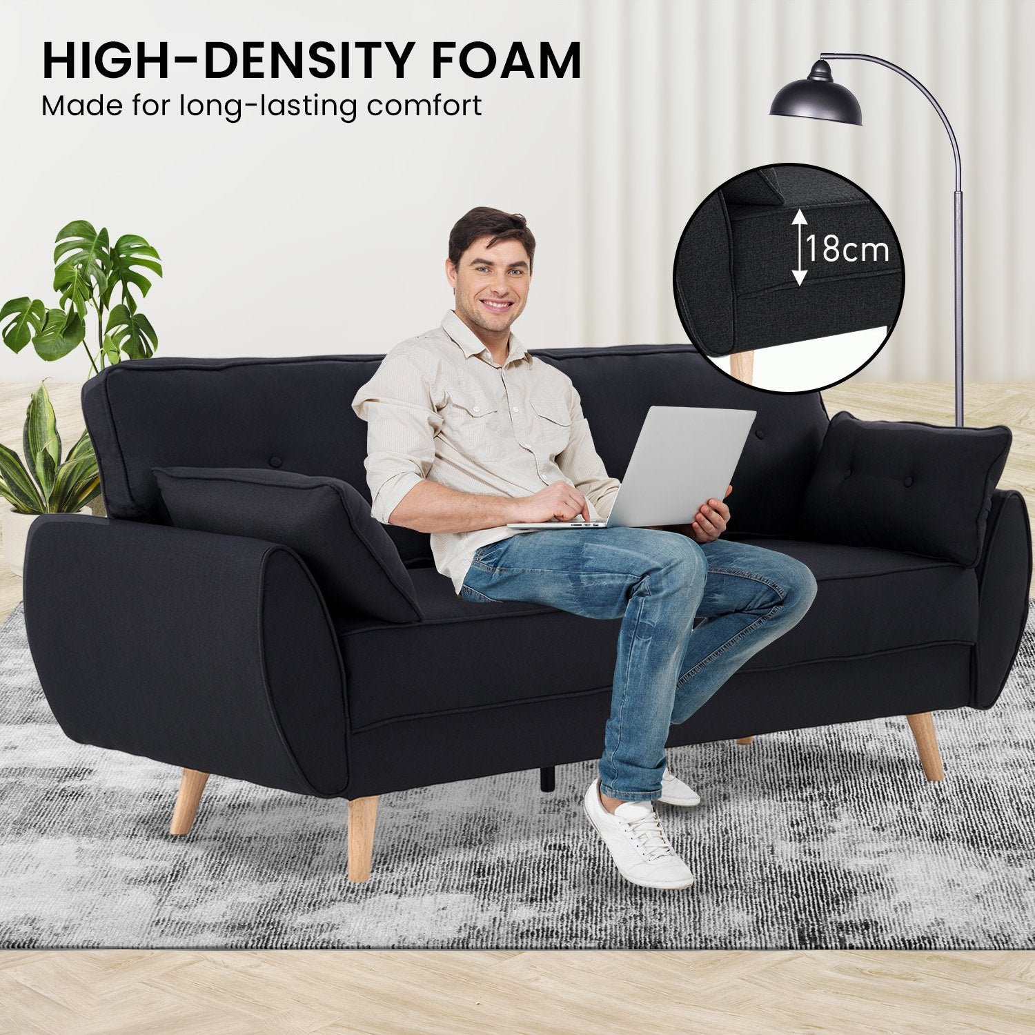 Sarantino 3 Seater Modular Linen Fabric Sofa Bed Couch Futon Suite - Black V240-SOFA-M1910-LNN-BK
