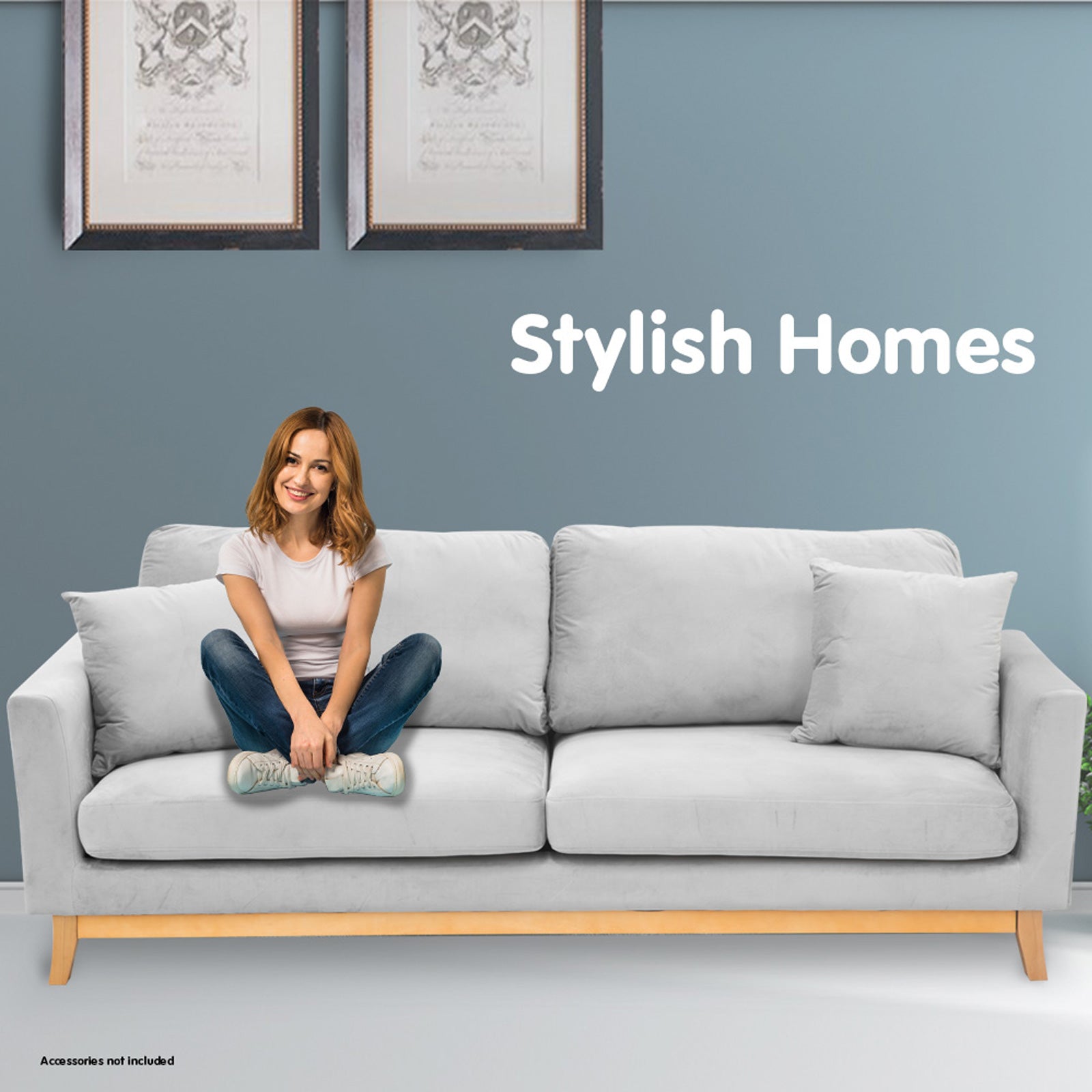 Sarantino 3 Seater Faux Velvet Sofa Bed Couch Furniture Light Grey V240-SOFA-M20-SUE-LGY