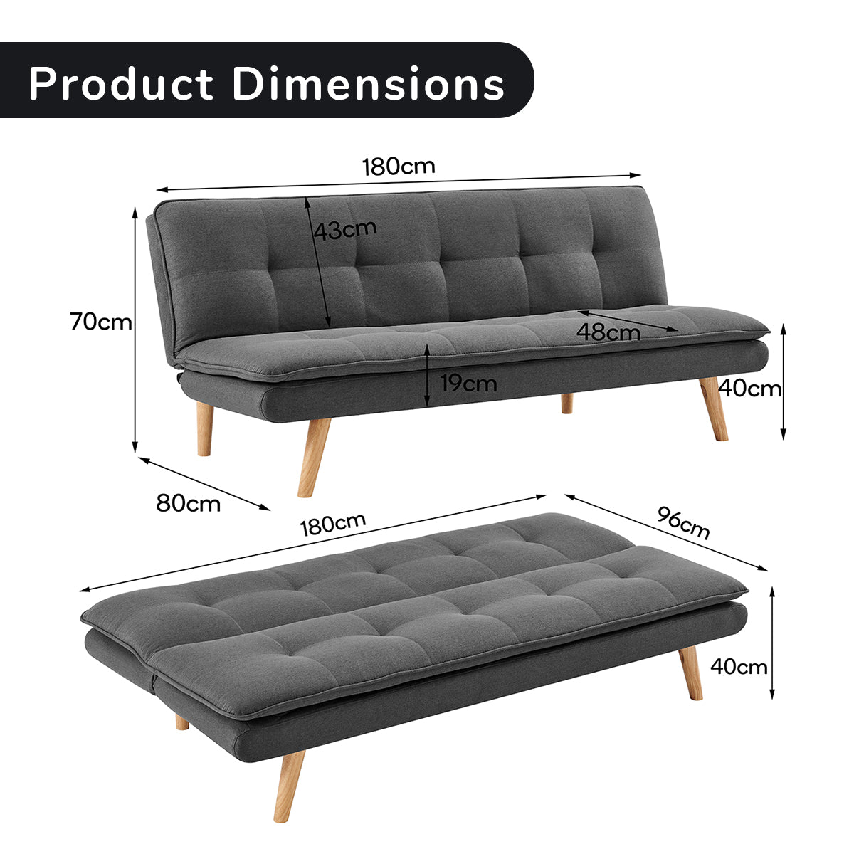 Sarantino 3 Seater Linen Sofa Bed Couch Lounge Futon - Dark Grey V240-SOFA-M2490-LNN-DGY