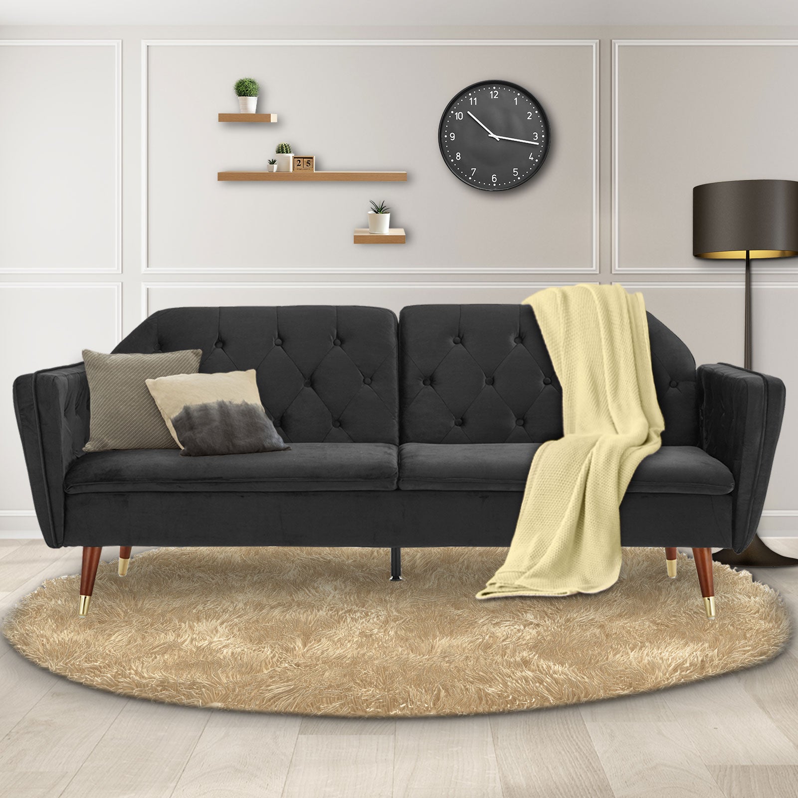 Sarantino Faux Velvet Tufted Sofa Bed Couch Futon - Black V240-SOFA-M2540-SUE-BK
