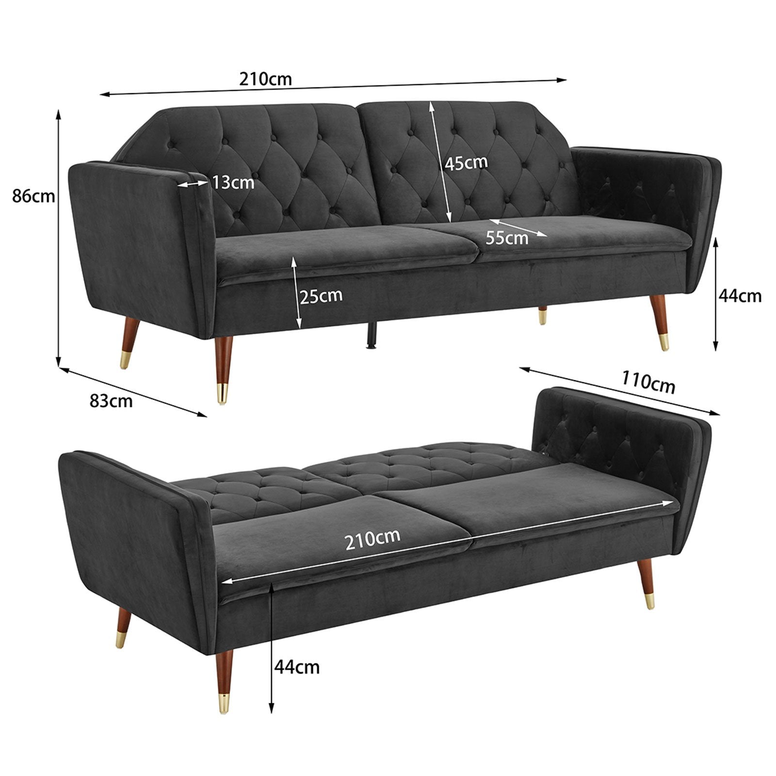 Sarantino Faux Velvet Tufted Sofa Bed Couch Futon - Black V240-SOFA-M2540-SUE-BK