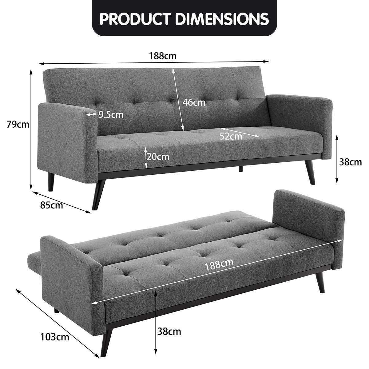 Sarantino Tufted Faux Linen 3-Seater Sofa Bed with Armrests - Light Grey V240-SOFA-M2930-LNN-LGY