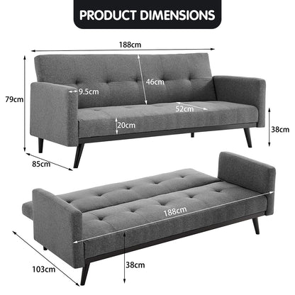 Sarantino Tufted Faux Linen 3-Seater Sofa Bed with Armrests - Light Grey V240-SOFA-M2930-LNN-LGY