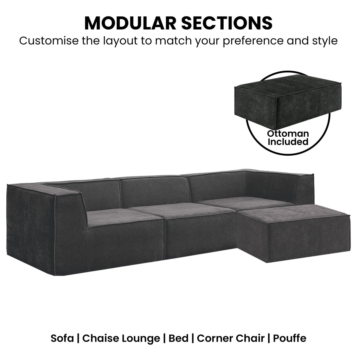 Sarantino Novi 3-Seater Modular Sofa with Ottoman in Black Non-Slip Bottom Lounge V240-SOFA-MLM-232-BK