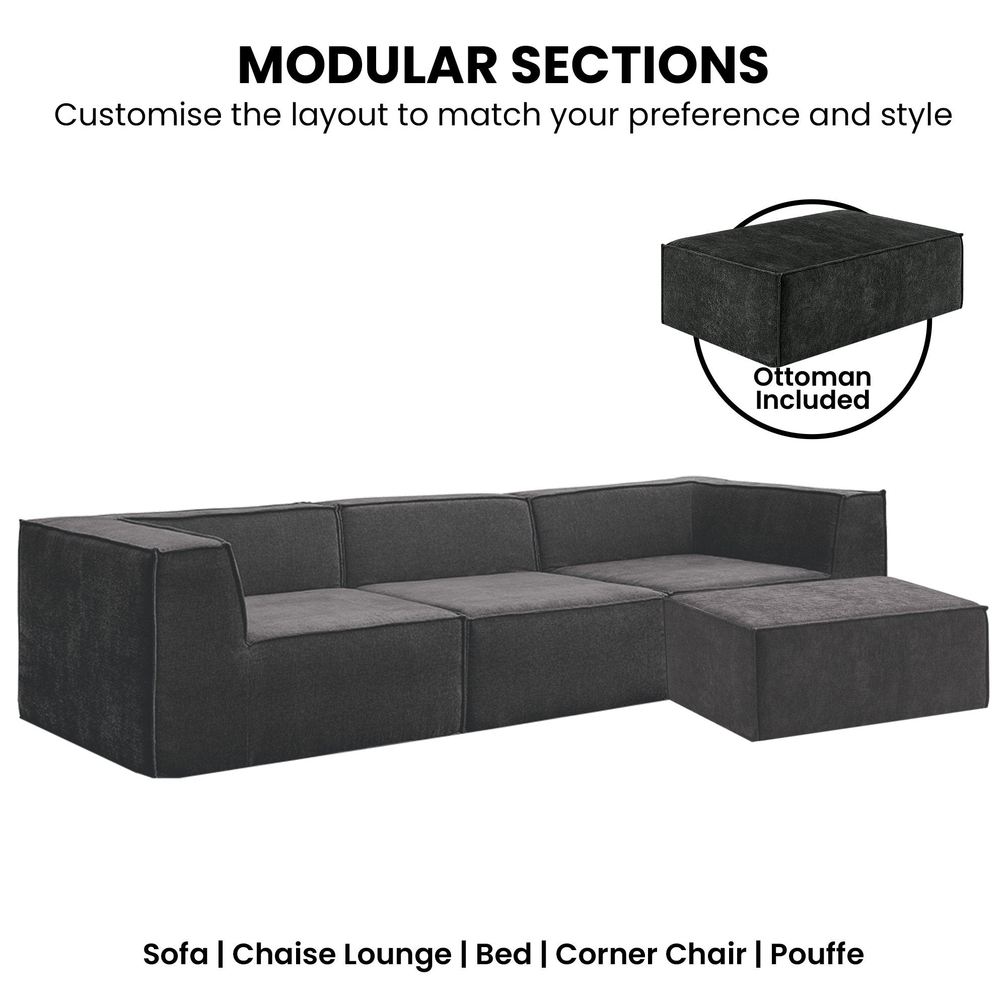 Sarantino Novi 3-Seater Modular Sofa with Ottoman in Black Non-Slip Bottom Lounge V240-SOFA-MLM-232-BK