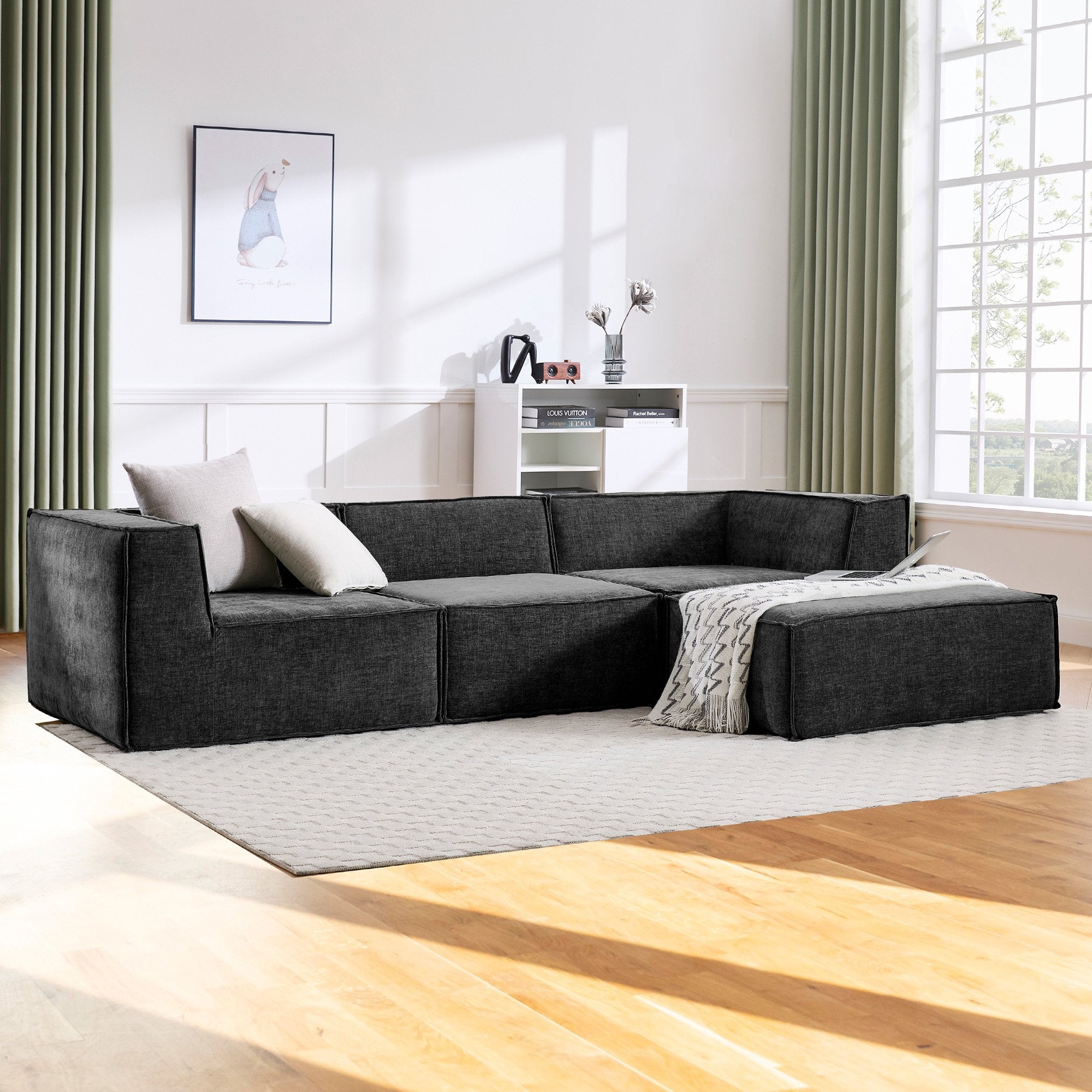Sarantino Novi 3-Seater Modular Sofa with Ottoman in Black Non-Slip Bottom Lounge V240-SOFA-MLM-232-BK