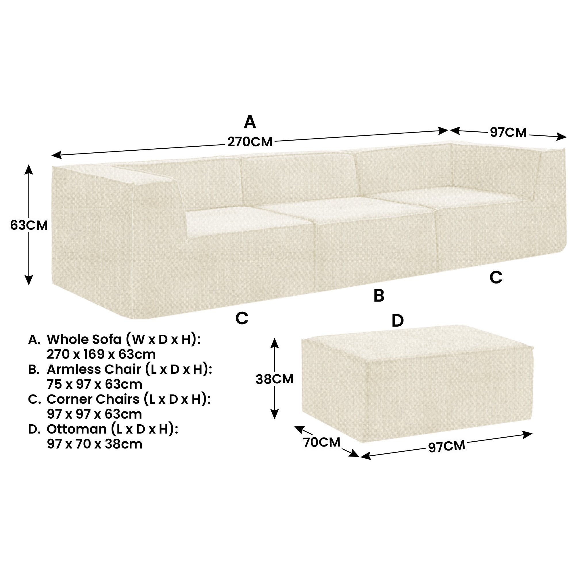 Sarantino Novi 3-Seater Modular Sofa with Ottoman in Cream Non-Slip Bottom Lounge V240-SOFA-MLM-232-CM