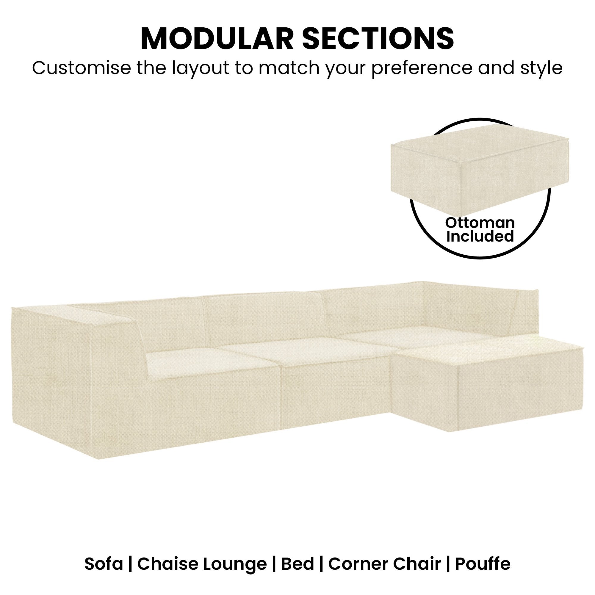 Sarantino Novi 3-Seater Modular Sofa with Ottoman in Cream Non-Slip Bottom Lounge V240-SOFA-MLM-232-CM