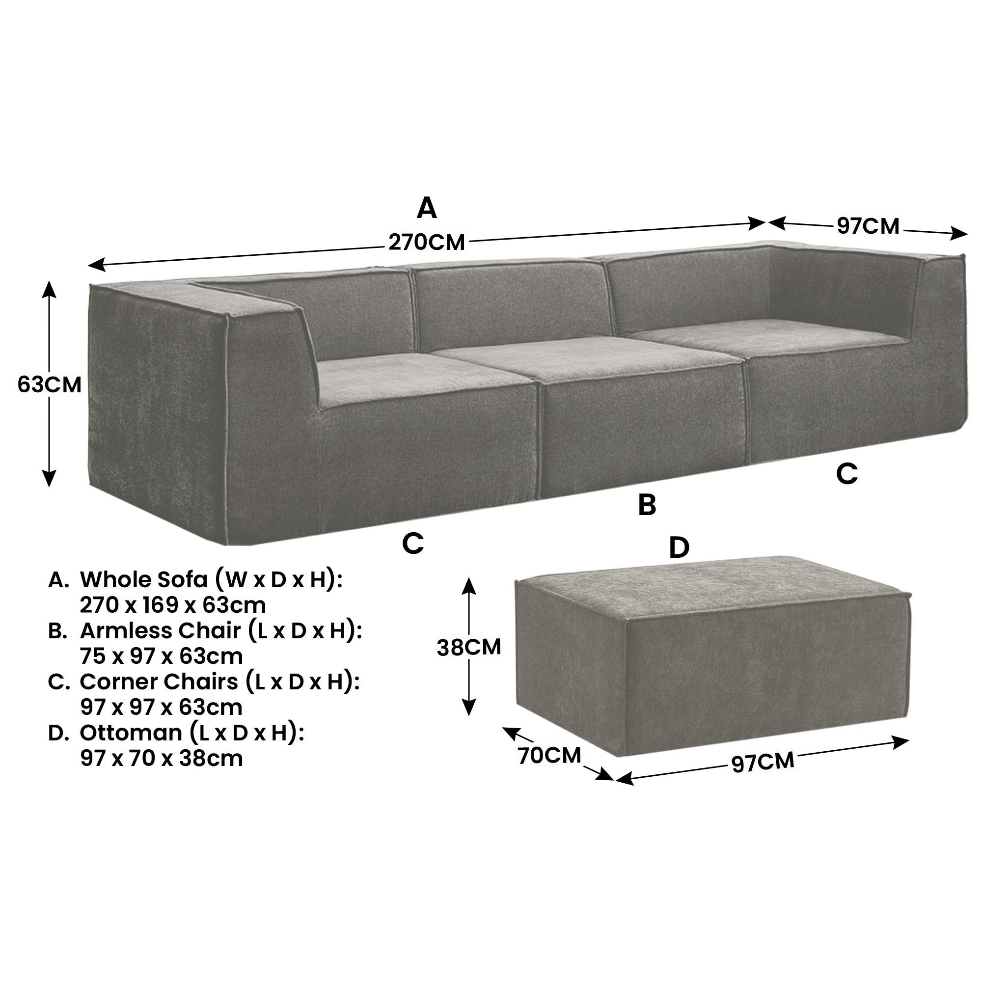 Sarantino Novi 3-Seater Modular Sofa with Ottoman in Grey Non-Slip Bottom Lounge V240-SOFA-MLM-232-GY
