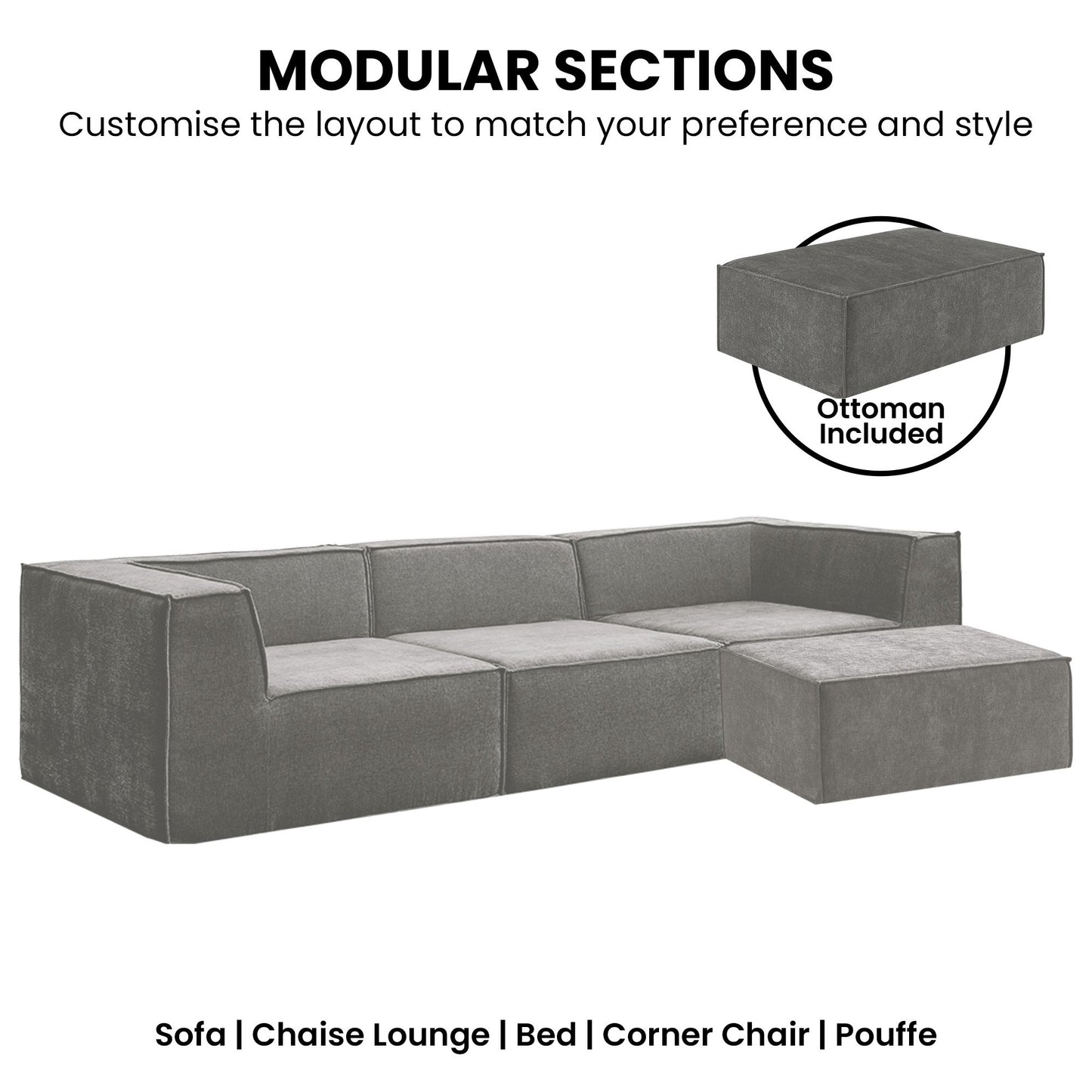 Sarantino Novi 3-Seater Modular Sofa with Ottoman in Grey Non-Slip Bottom Lounge V240-SOFA-MLM-232-GY