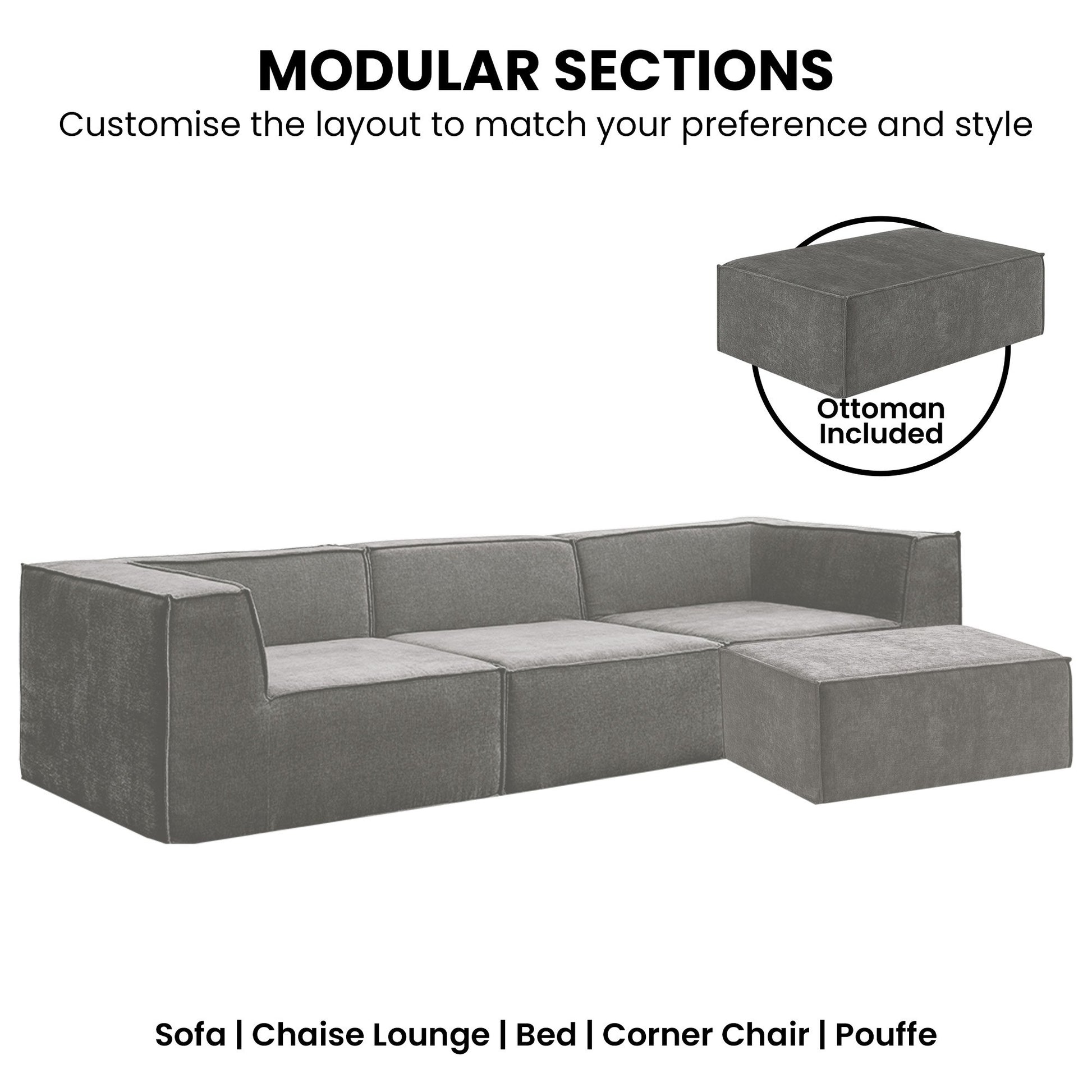 Sarantino Novi 3-Seater Modular Sofa with Ottoman in Grey Non-Slip Bottom Lounge V240-SOFA-MLM-232-GY