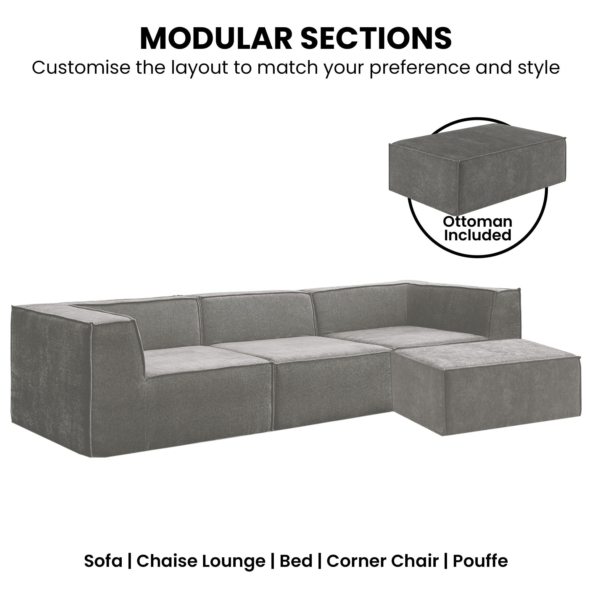Sarantino Novi 3-Seater Modular Sofa with Ottoman in Grey Non-Slip Bottom Lounge V240-SOFA-MLM-232-GY