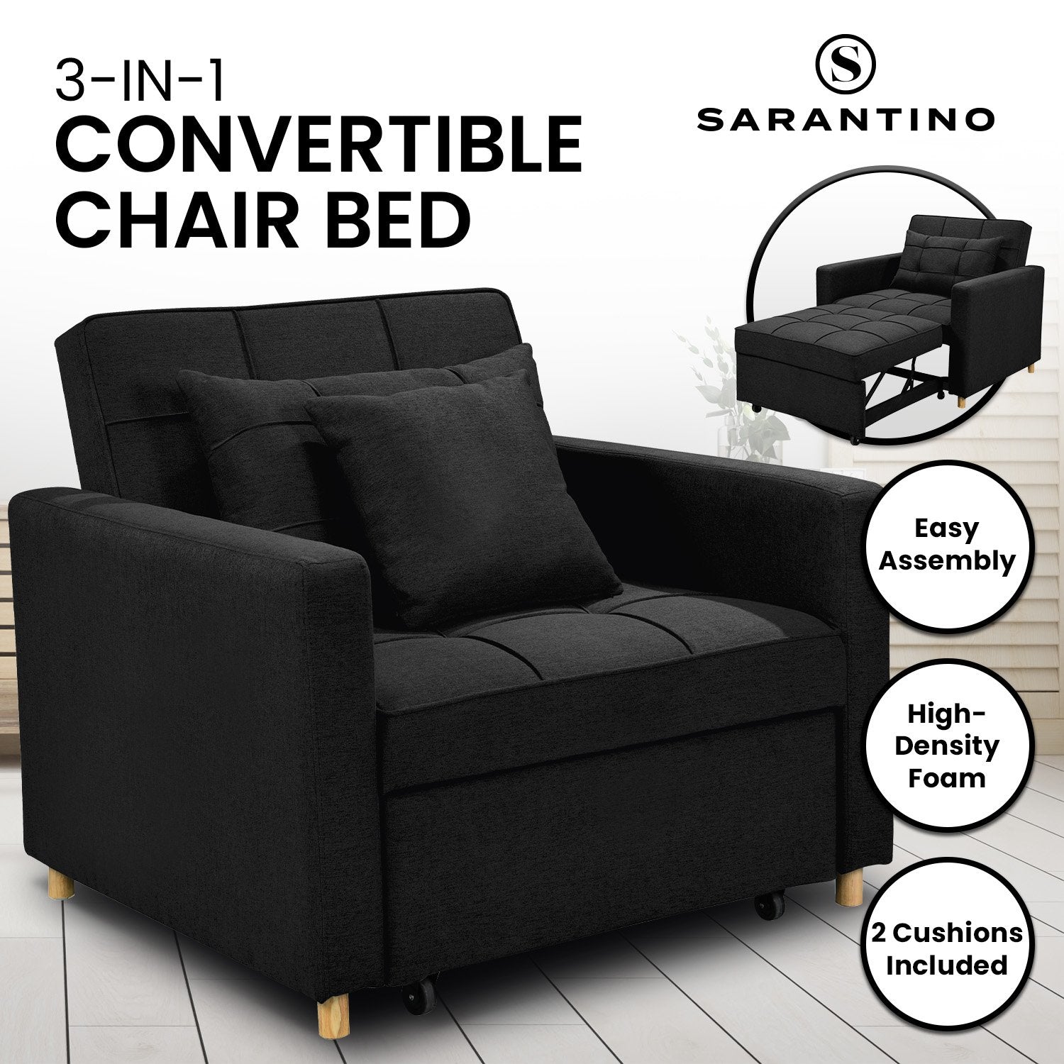 Sarantino Suri 3-in-1 Convertible Lounge Chair Bed - Black V240-SOFA-YGG-7001-LNN-BLK