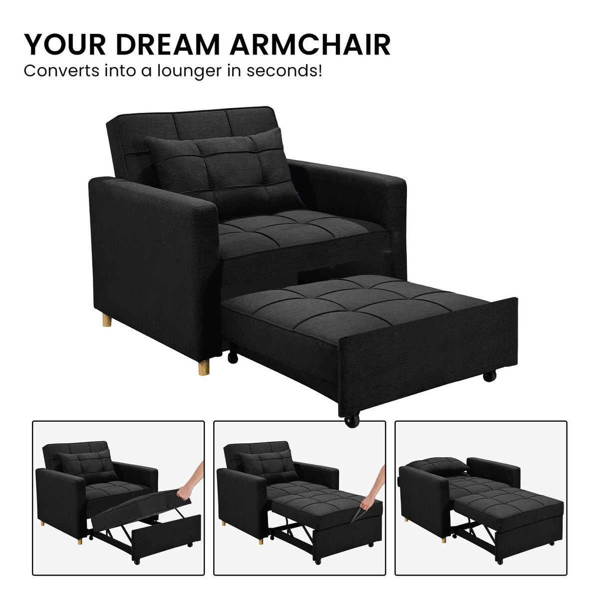 Sarantino Suri 3-in-1 Convertible Lounge Chair Bed - Black V240-SOFA-YGG-7001-LNN-BLK