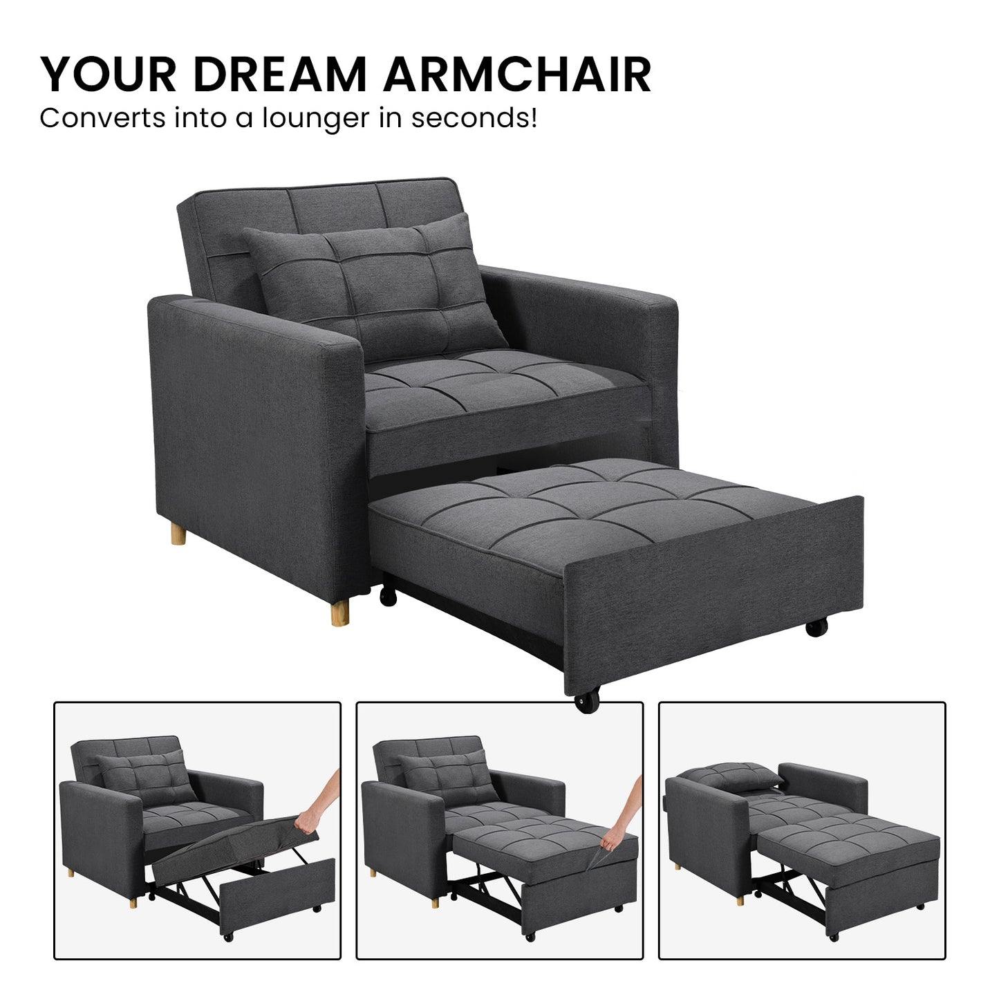 Sarantino Suri 3-in-1 Convertible Lounge Chair Bed - Dark Grey V240-SOFA-YGG-7001-LNN-DGY