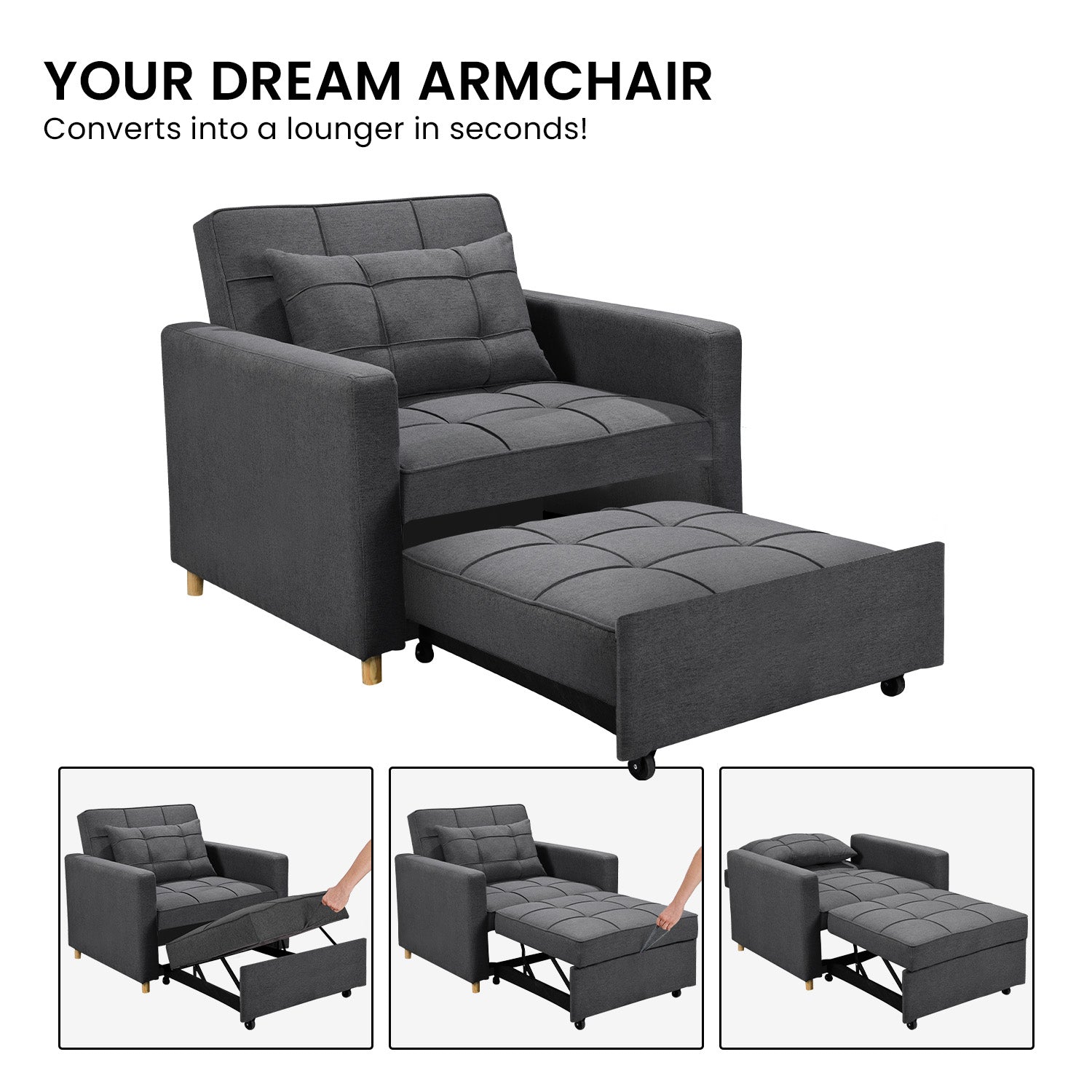 Sarantino Suri 3-in-1 Convertible Lounge Chair Bed - Dark Grey V240-SOFA-YGG-7001-LNN-DGY