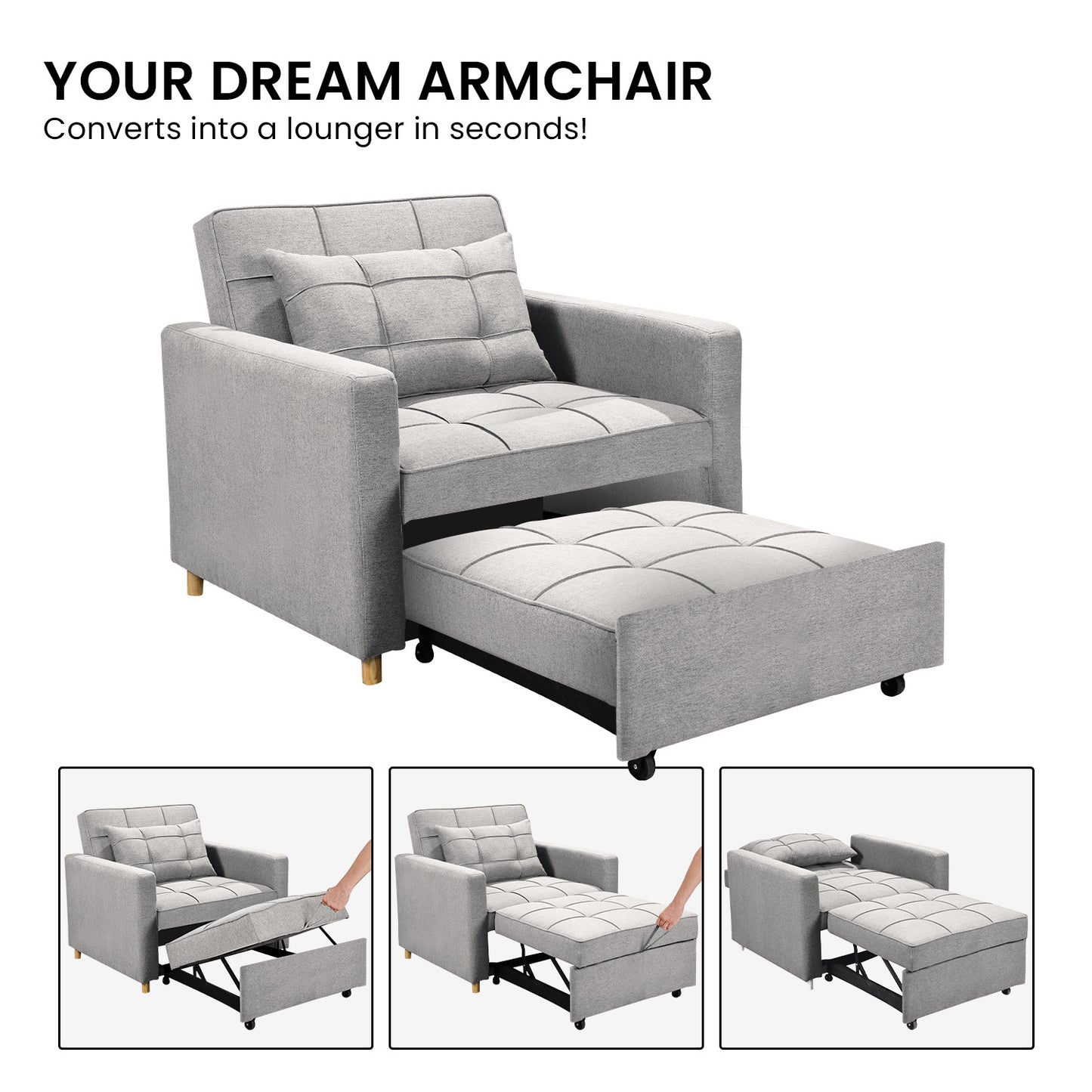 Sarantino Suri 3-in-1 Convertible Sofa Chair Bed Lounger - Light Grey V240-SOFA-YGG-7001-LNN-LGY