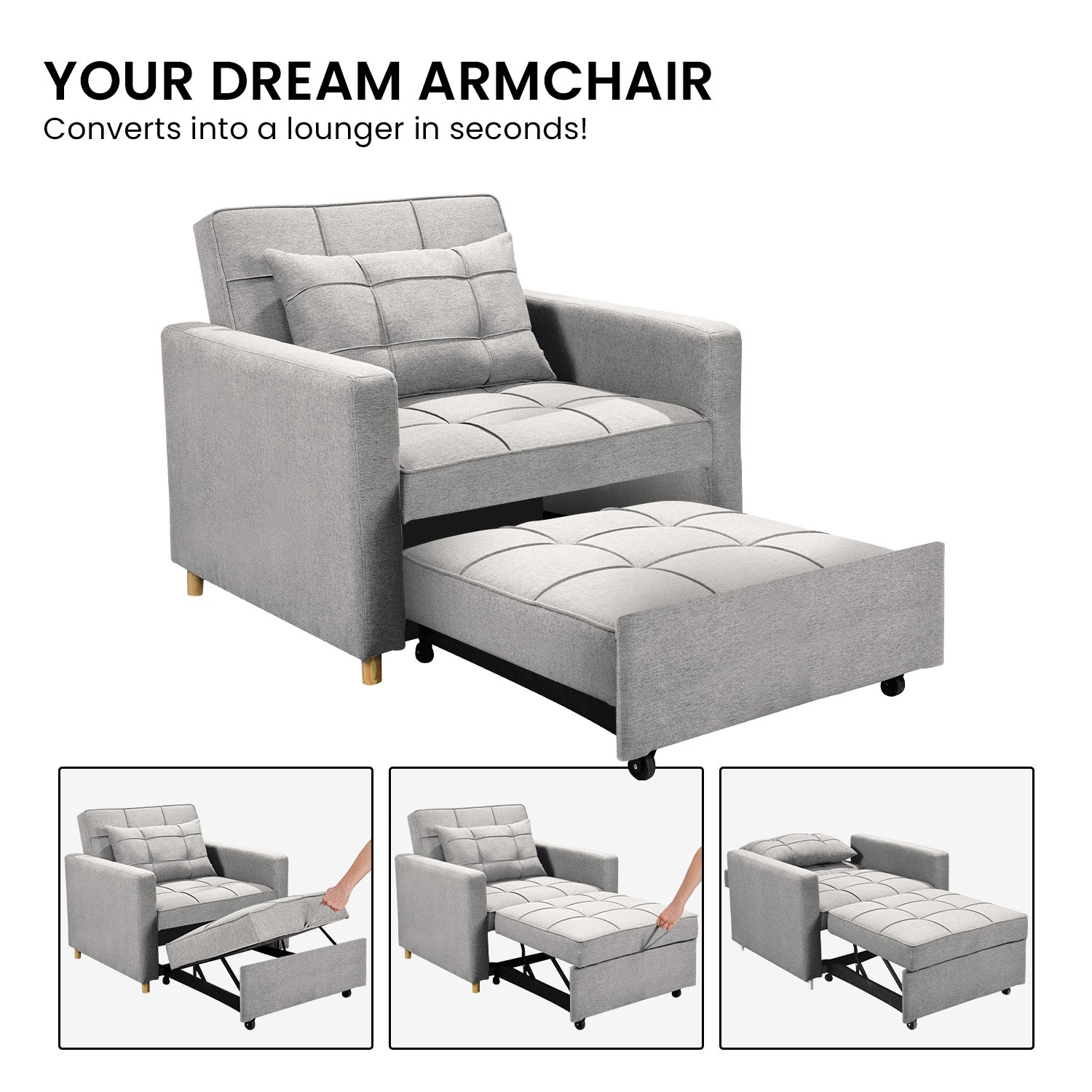 Sarantino Suri 3-in-1 Convertible Sofa Chair Bed Lounger - Light Grey V240-SOFA-YGG-7001-LNN-LGY