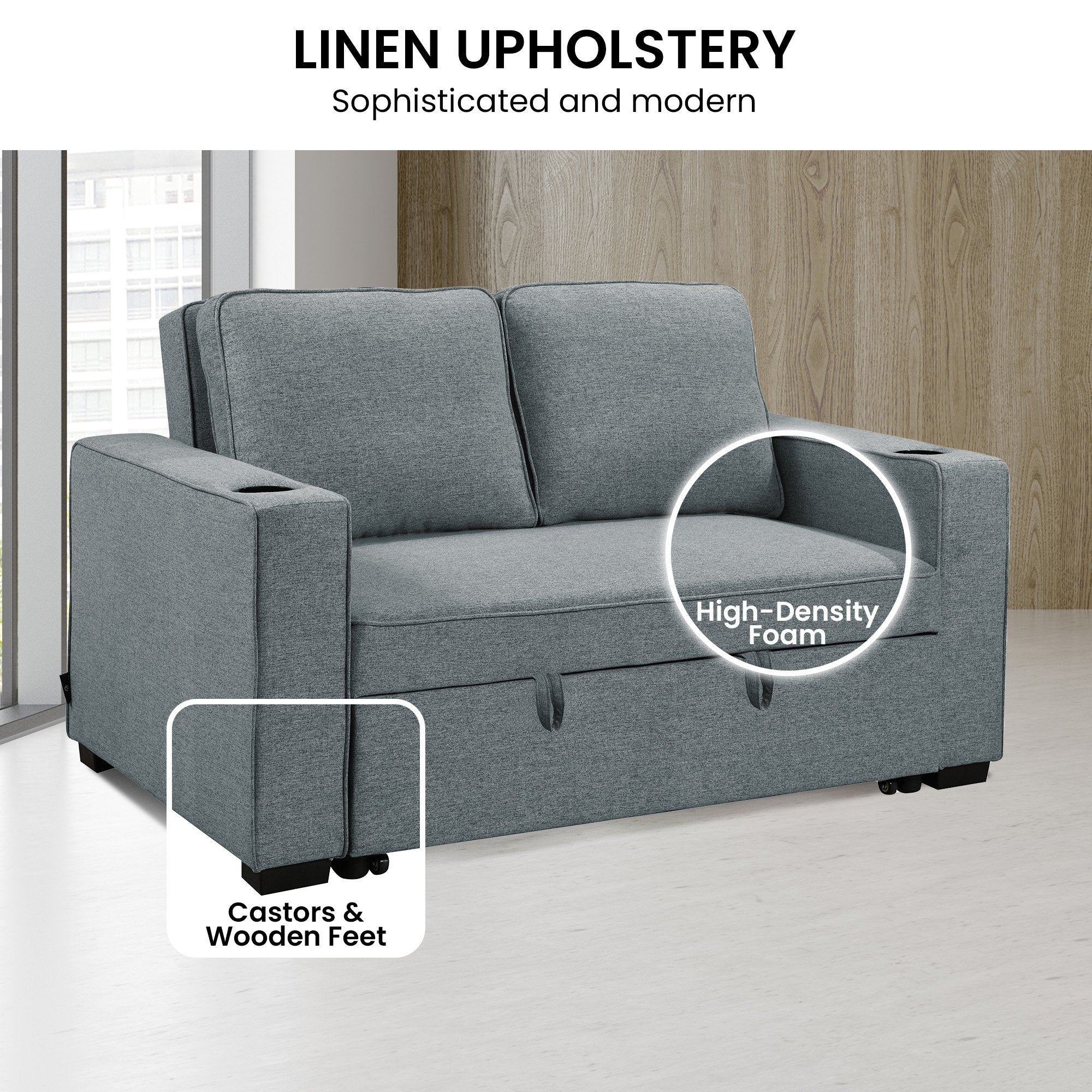 Sarantino Hoffman Linen Sofa Bed with Cushions & Cup Holders Airforce Blue V240-SOFA-YGG-7004-LNN-BLU