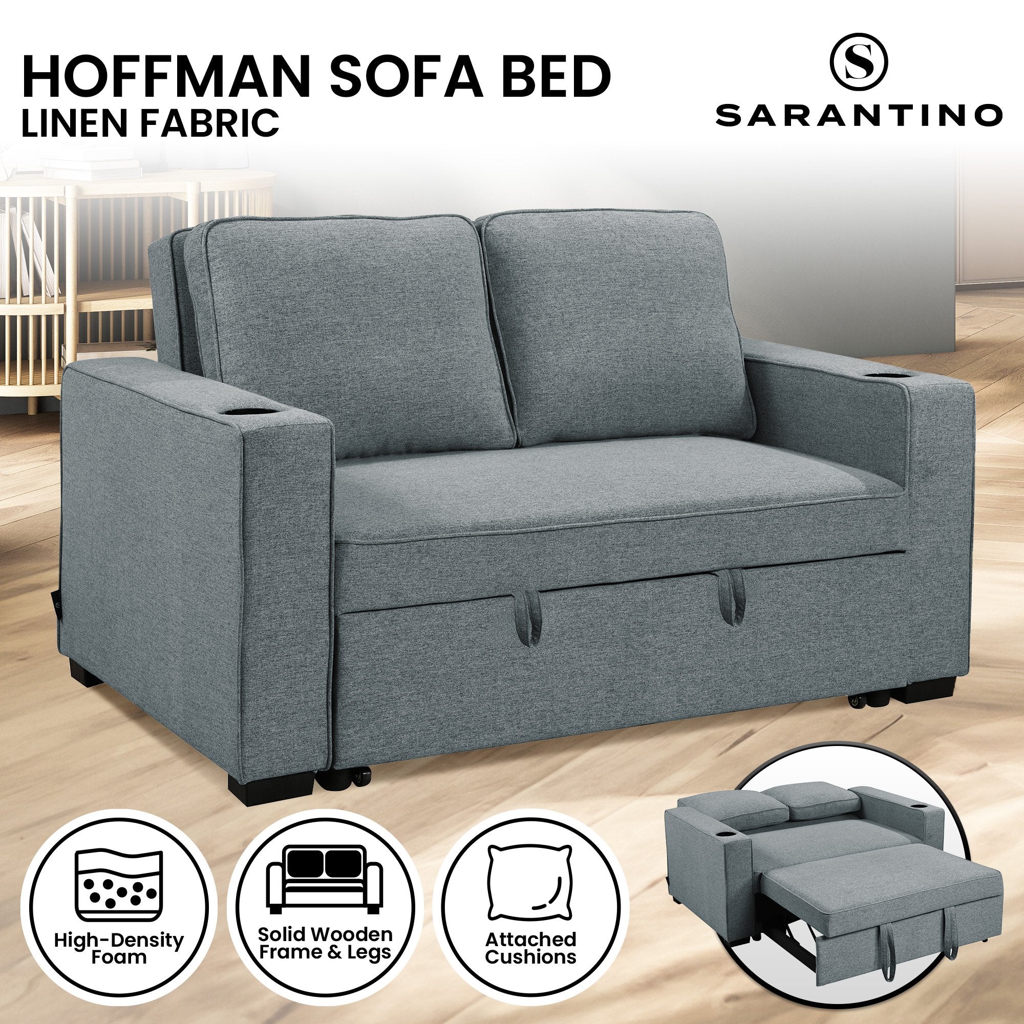 Sarantino Hoffman Linen Sofa Bed with Cushions & Cup Holders Airforce Blue V240-SOFA-YGG-7004-LNN-BLU