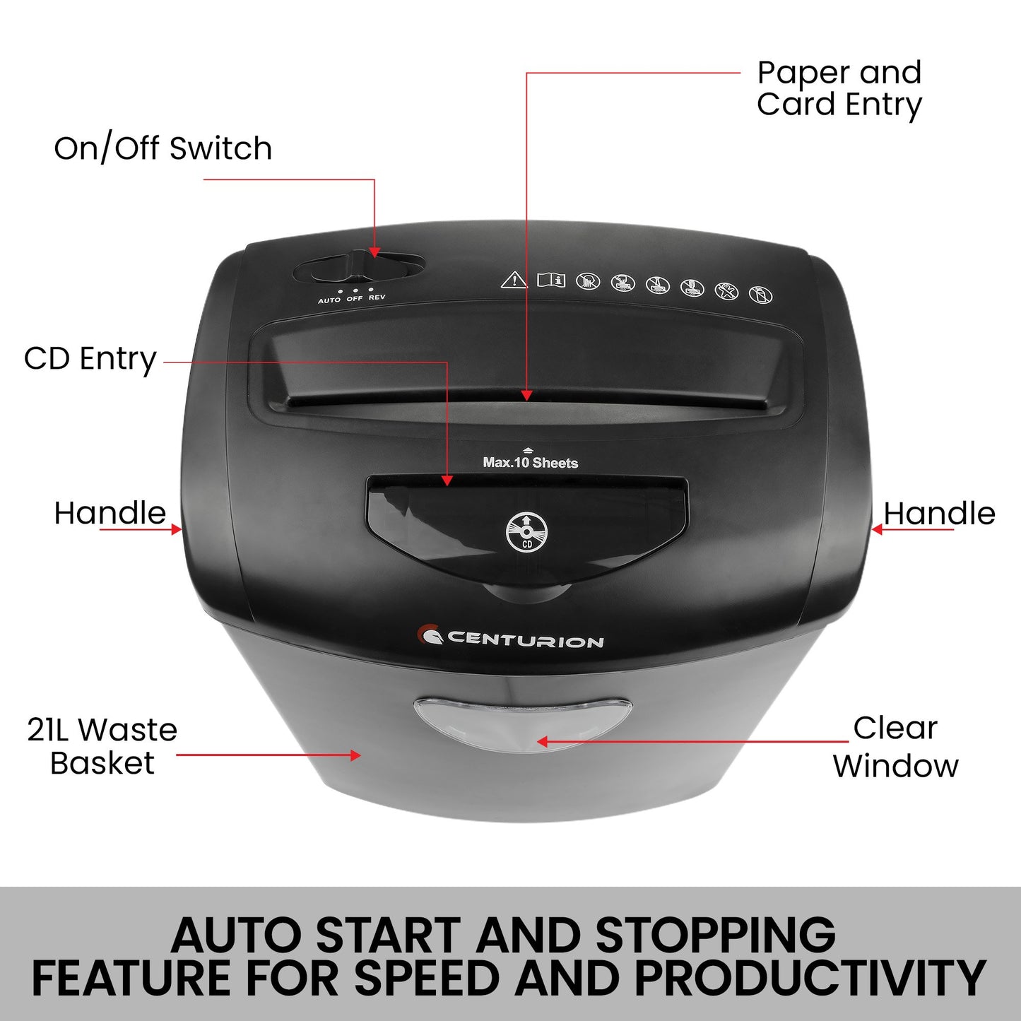 Centurion 21L Cross-Cut Office Shredder 10-Sheet Paper, CD & Credit Card Security V240-SRD-021-010-CD