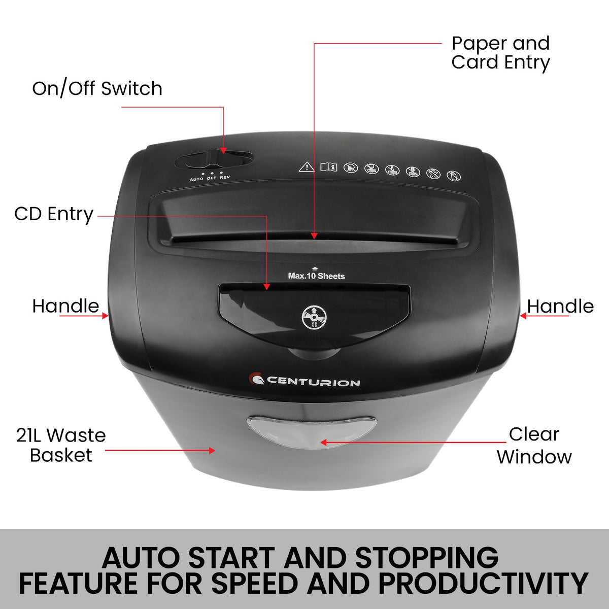 Centurion 21L Cross-Cut Office Shredder 10-Sheet Paper, CD & Credit Card Security V240-SRD-021-010-CD