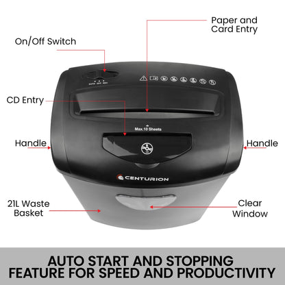Centurion 21L Cross-Cut Office Shredder 10-Sheet Paper, CD & Credit Card Security V240-SRD-021-010-CD