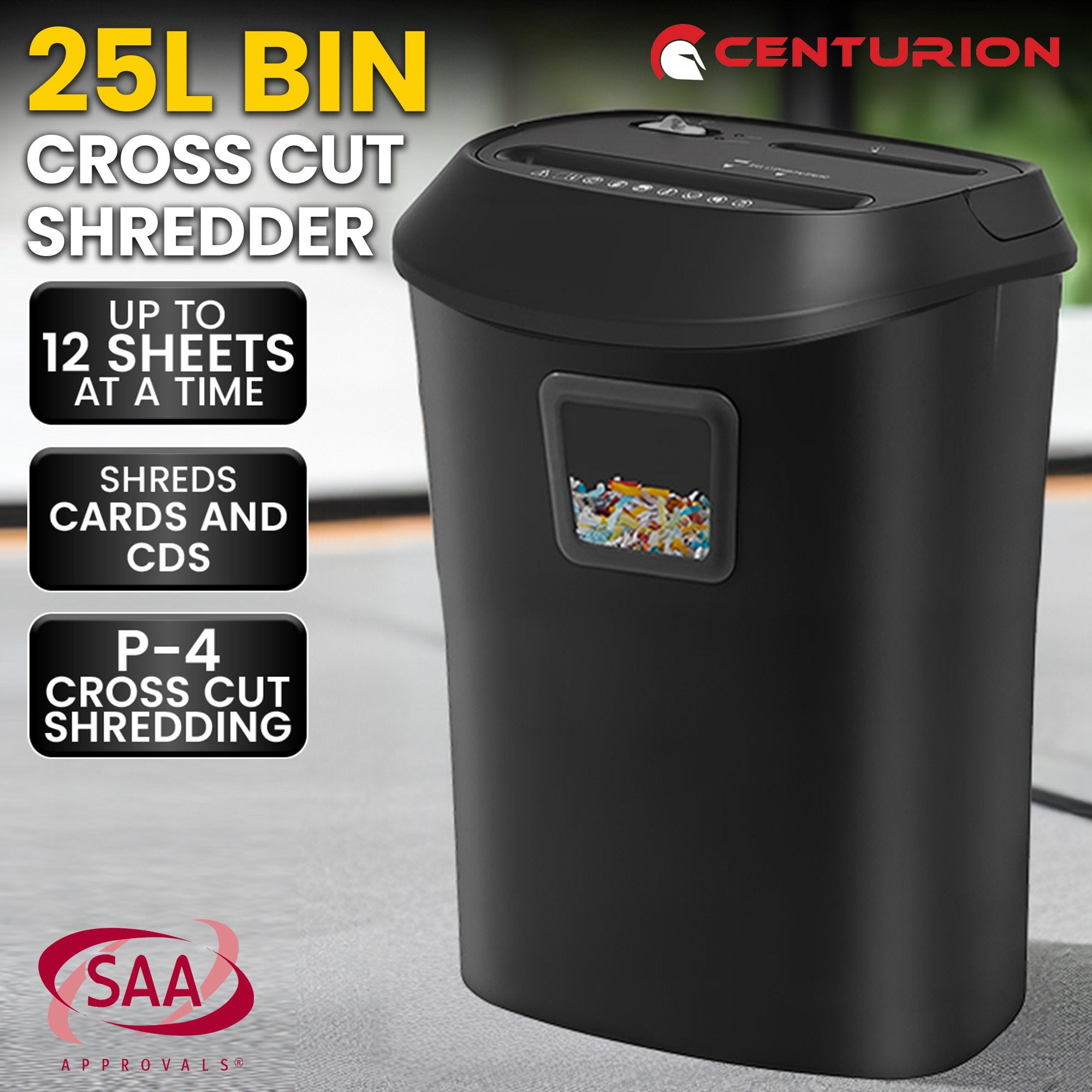 Centurion 25L 12-Sheet Paper Shredder Electric Cross-Cut Home & Office Cutter V240-SRD-OFT-12S-01D