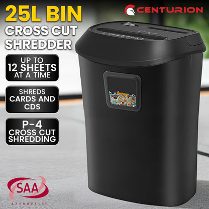 Centurion 25L 12-Sheet Paper Shredder Electric Cross-Cut Home & Office Cutter V240-SRD-OFT-12S-01D
