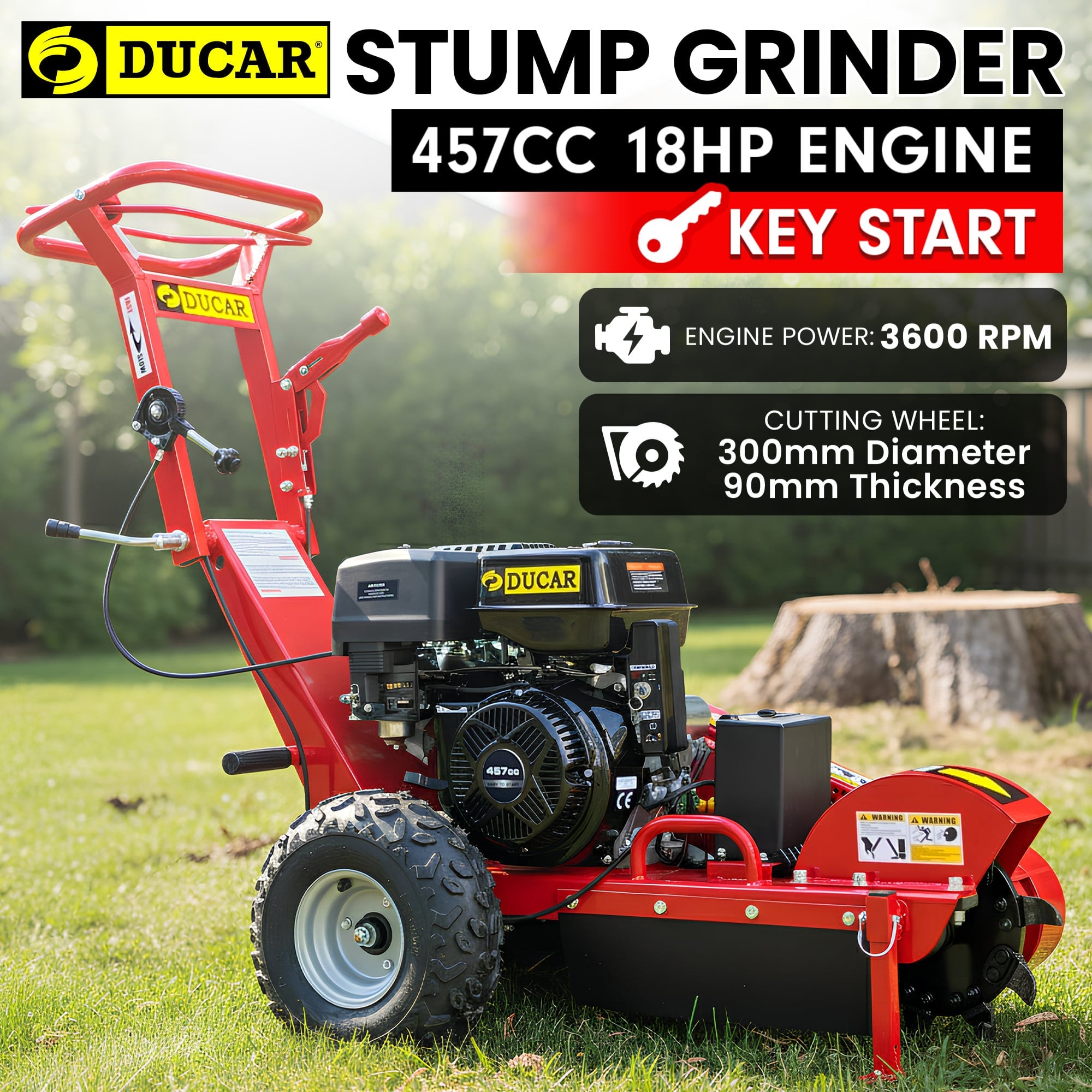 Ducar Stump Grinder 457cc 18HP Petrol Engine with Key Start & Tungsten Carbide Teeth V240-STG-GBS-150E-RD