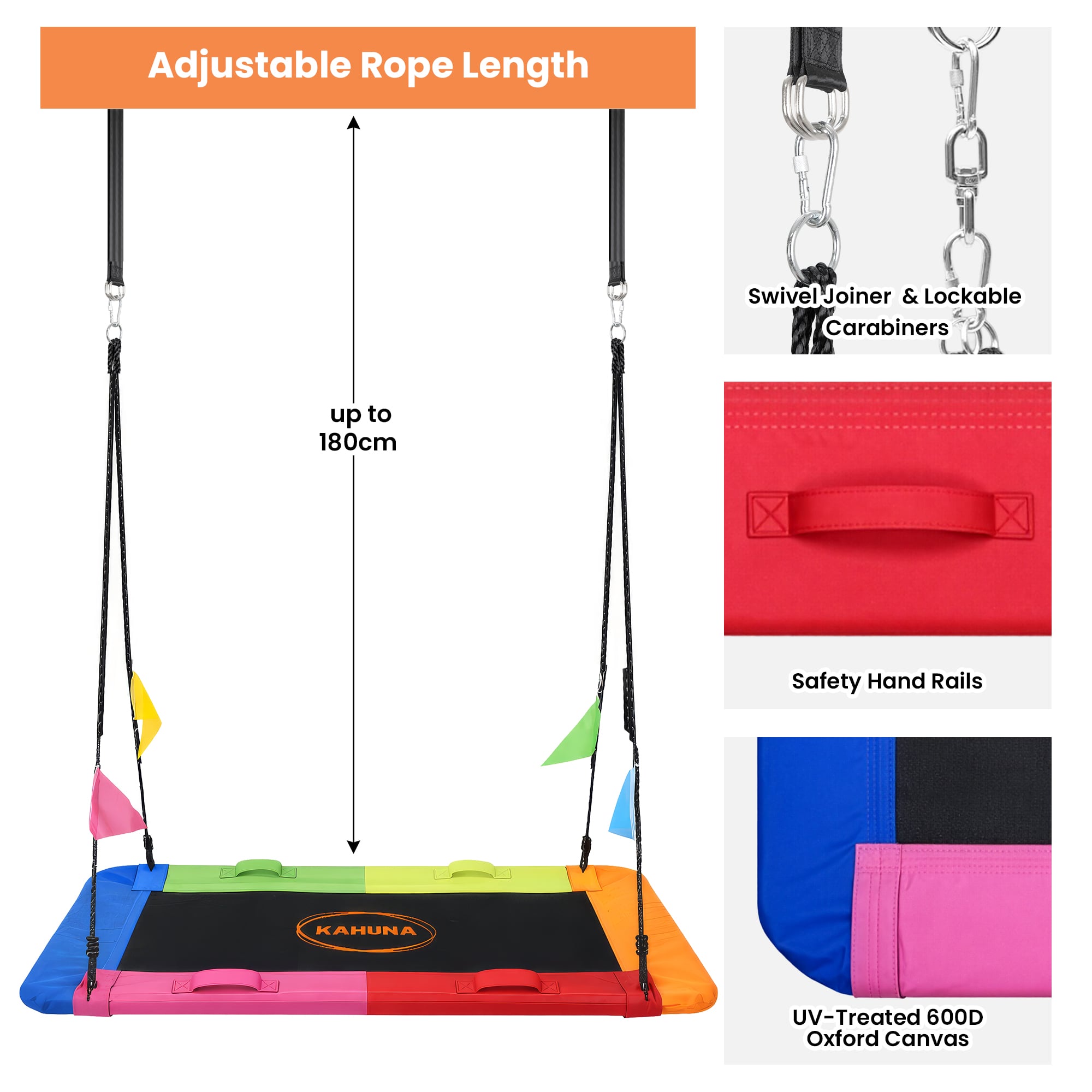 Kahuna Heavy Duty 60 Inch Rectangular Tree Swing With Adjustable 180cm Lifting Ropes Foam Padded Tubes And V240-SWG-KAH-ZRT-60
