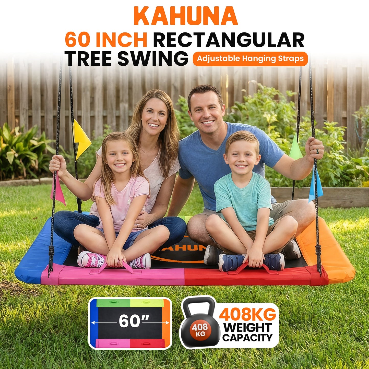 Kahuna Heavy Duty 60 Inch Rectangular Tree Swing With Adjustable 180cm Lifting Ropes Foam Padded Tubes And V240-SWG-KAH-ZRT-60