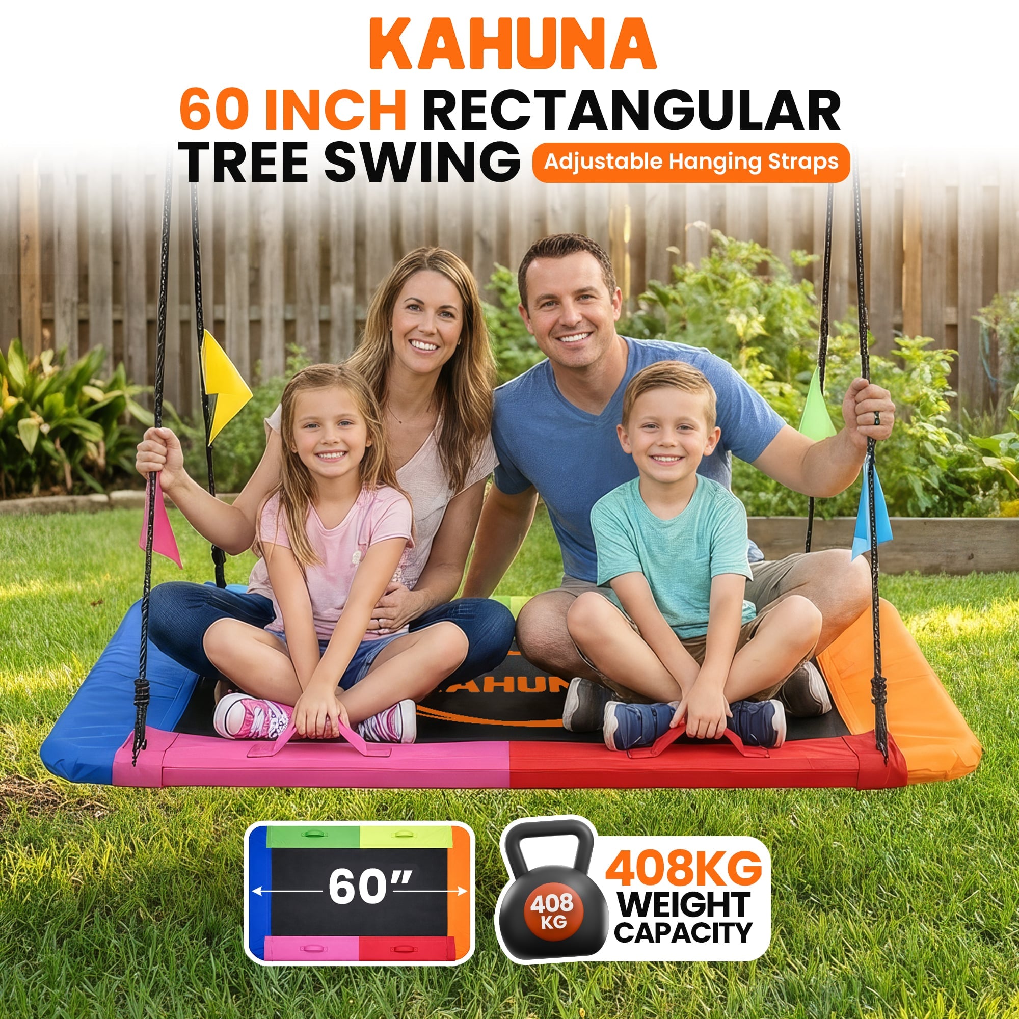 Kahuna Heavy Duty 60 Inch Rectangular Tree Swing With Adjustable 180cm Lifting Ropes Foam Padded Tubes And V240-SWG-KAH-ZRT-60