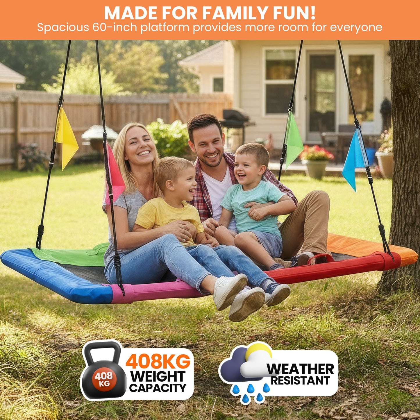 Kahuna Heavy Duty 60 Inch Rectangular Tree Swing With Adjustable 180cm Lifting Ropes Foam Padded Tubes And V240-SWG-KAH-ZRT-60