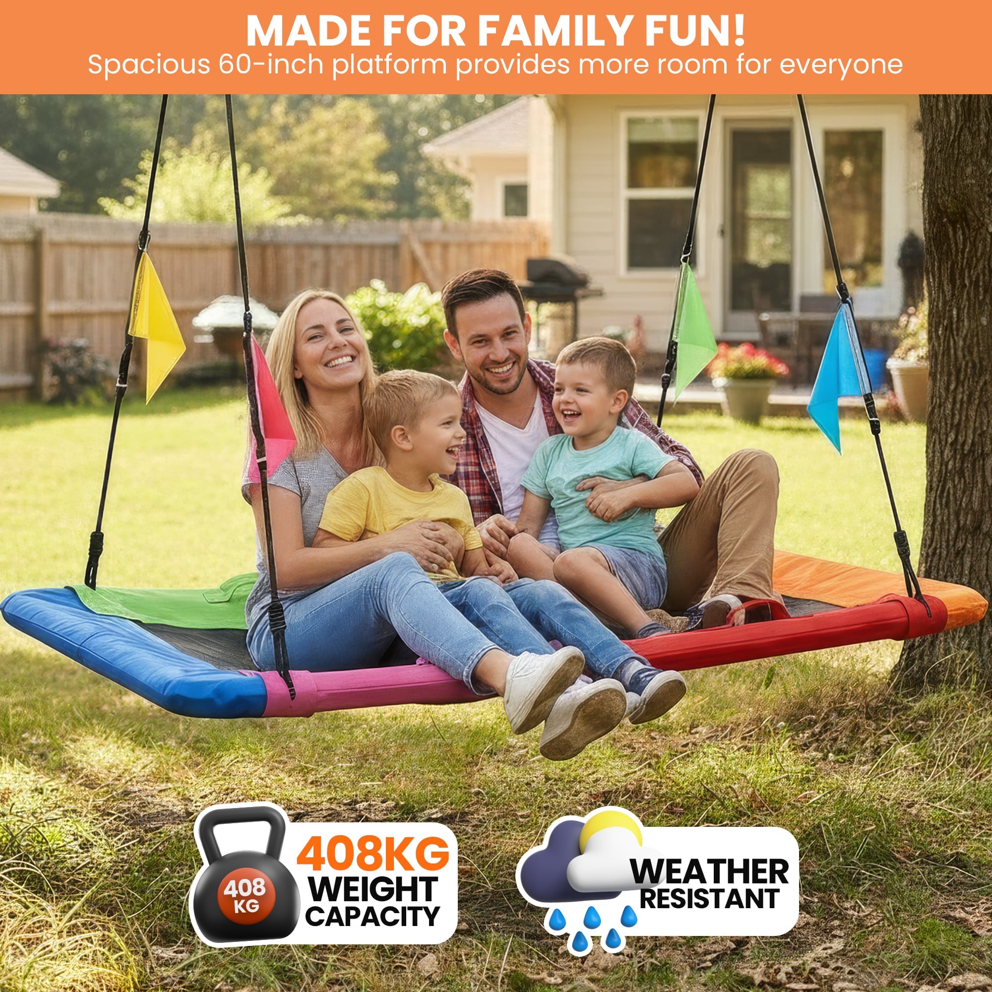 Kahuna Heavy Duty 60 Inch Rectangular Tree Swing With Adjustable 180cm Lifting Ropes Foam Padded Tubes And V240-SWG-KAH-ZRT-60