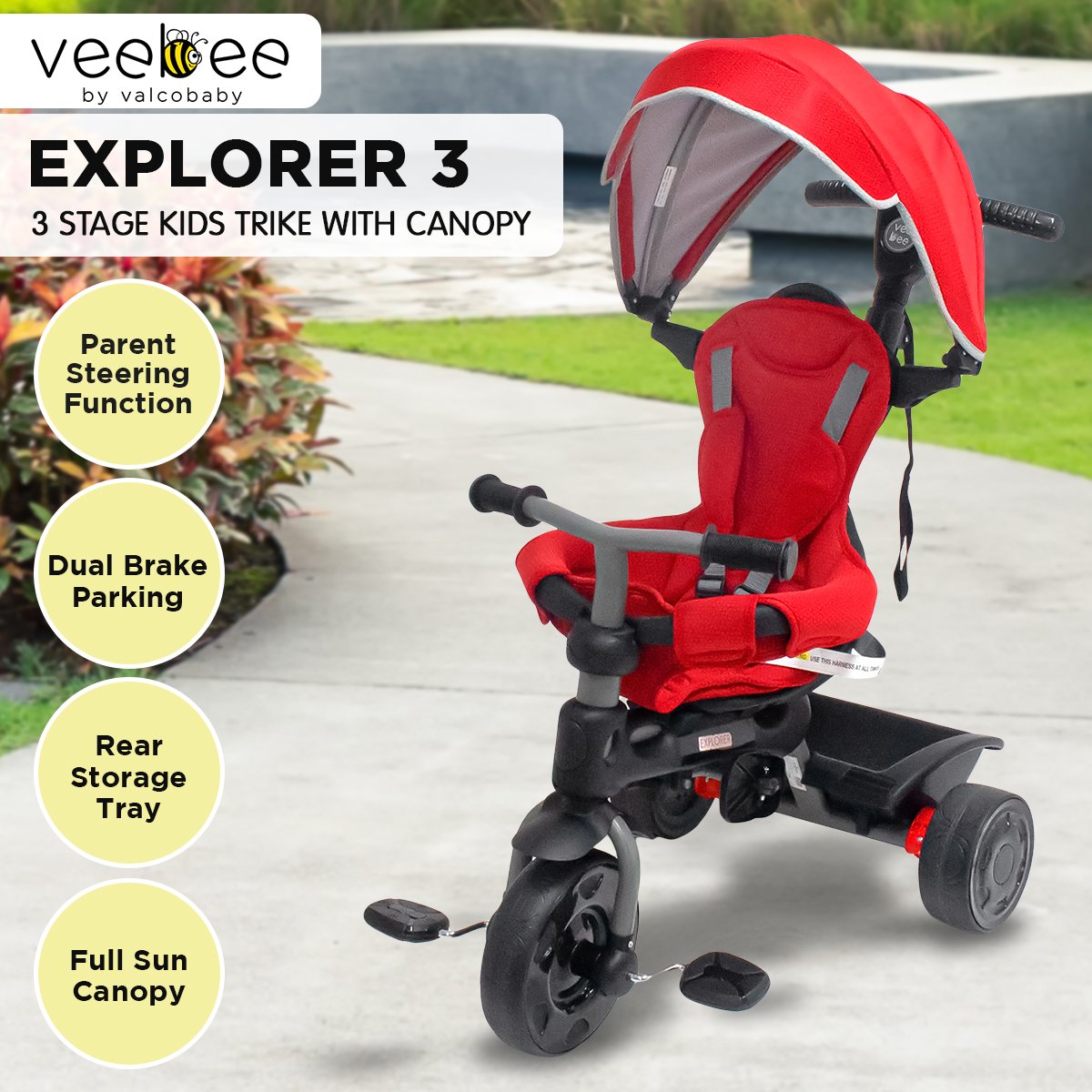 Veebee Explorer 3-stage Kids Trike With Canopy - Red V240-T0090