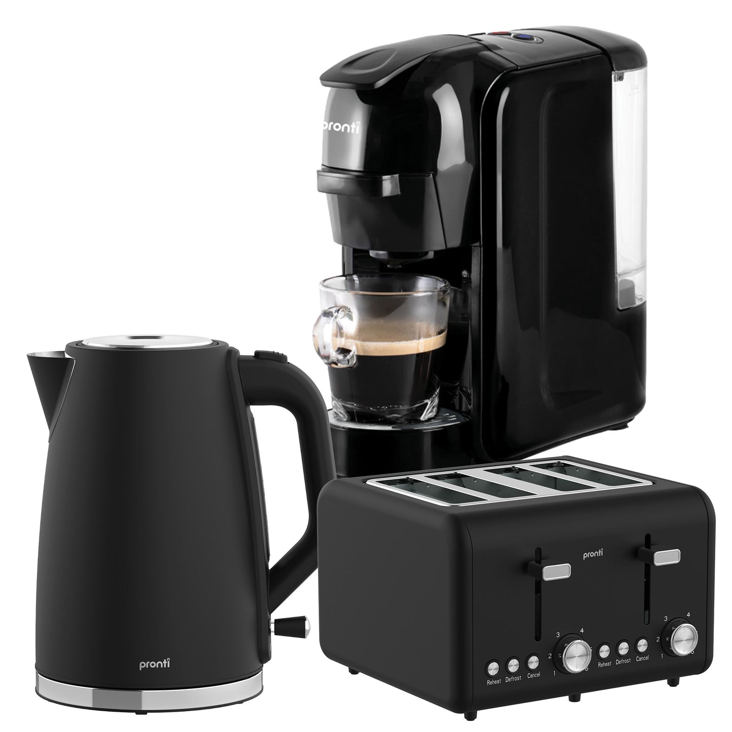 Pronti Breakfast Set with HomeMaid Coffee Machine, Silver Noir Toaster & Kettle V240-T02-1711-511HM