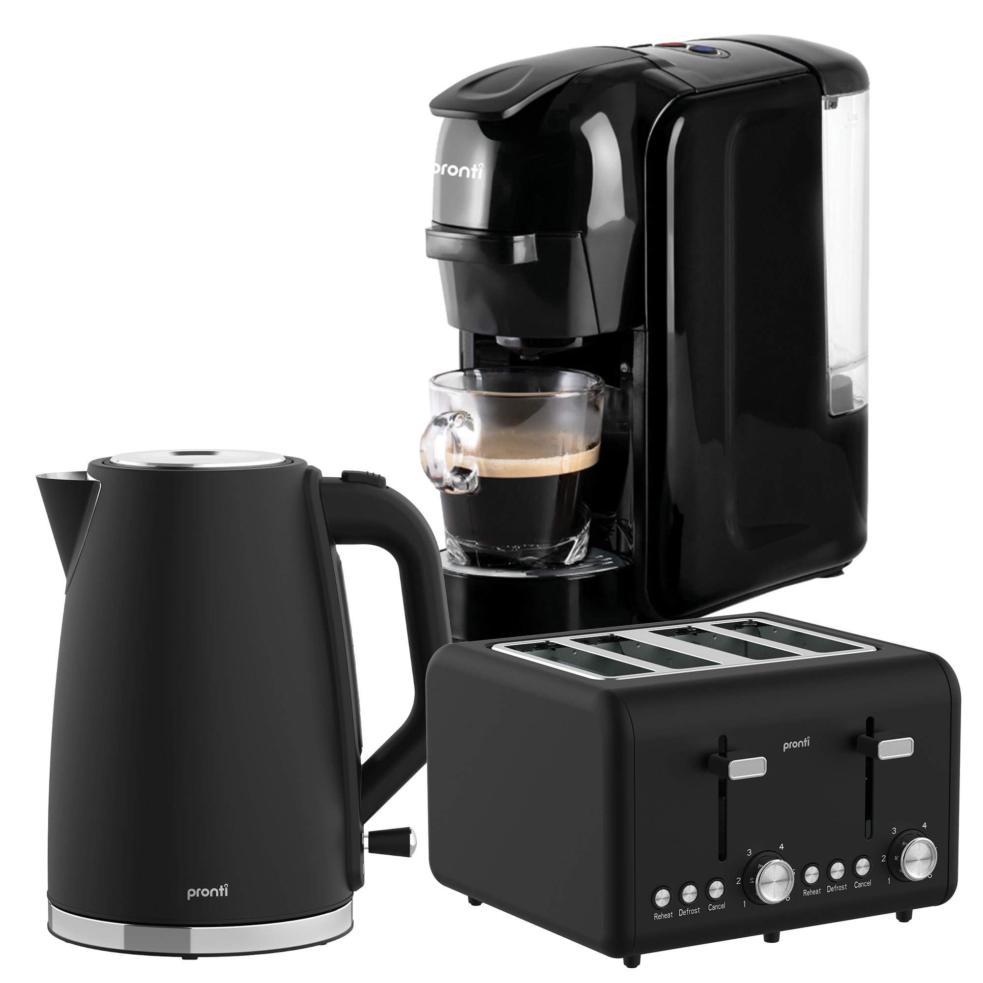 Pronti Breakfast Set with HomeMaid Coffee Machine, Silver Noir Toaster & Kettle V240-T02-1711-511HM