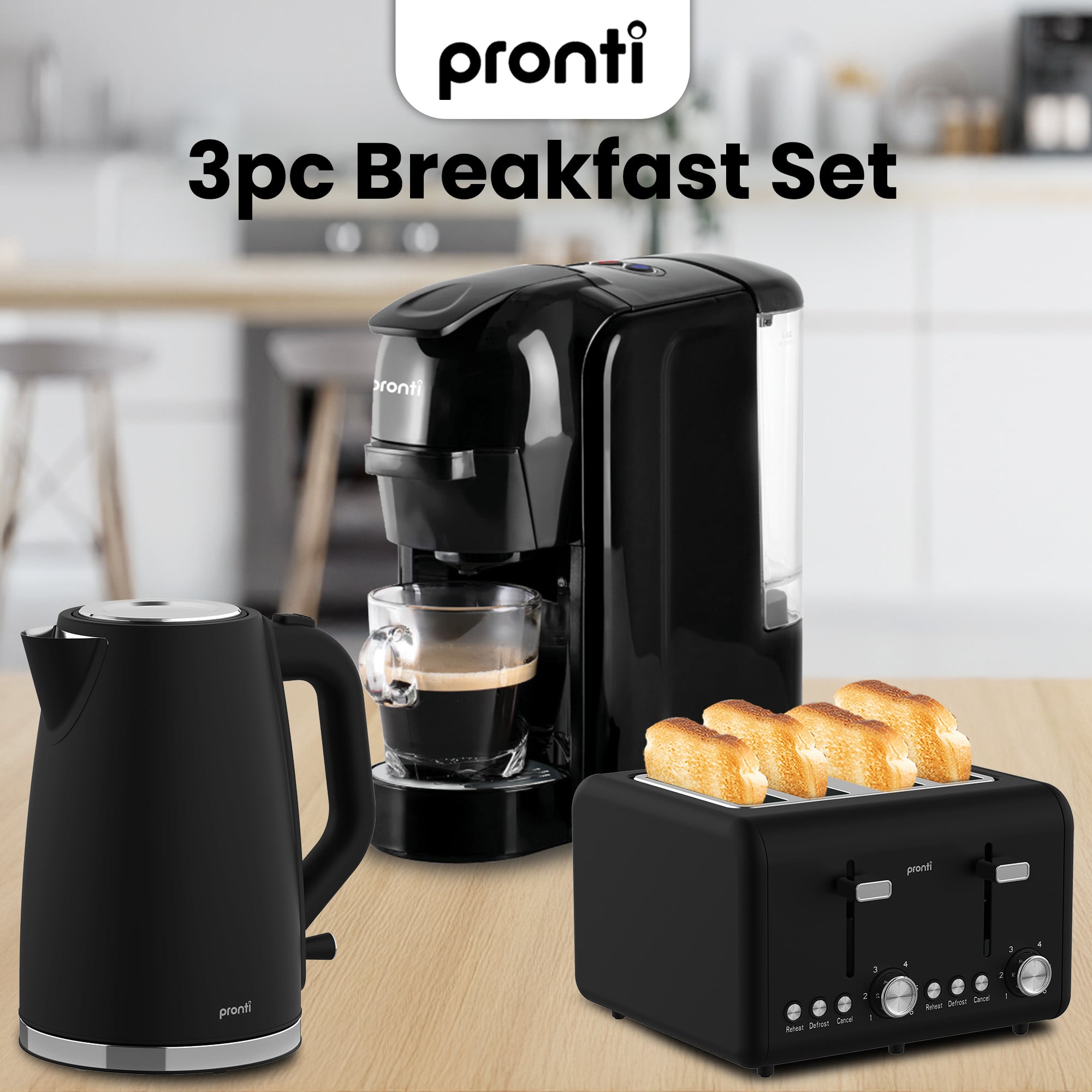 Pronti Breakfast Set with HomeMaid Coffee Machine, Silver Noir Toaster & Kettle V240-T02-1711-511HM